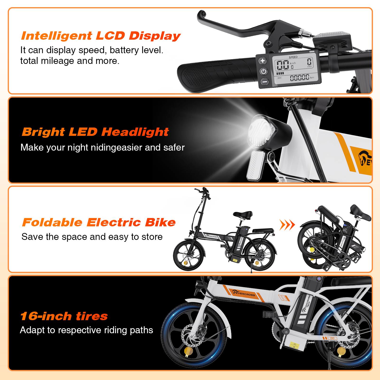 Elektrische fiets kenmerken: LCD-display, LED-koplamp, opvouwbaar ontwerp, 16-inch banden.