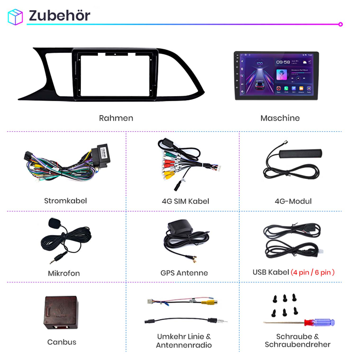 Zubehör: Rahmen, Maschine, Stromkabel, 4G SIM Kabel, 4G Modul, Mikrofon, GPS Antenne, USB Kabel, Canbus, Umkehr Linie & Antennenradio, Schraube & Schraubendreher.