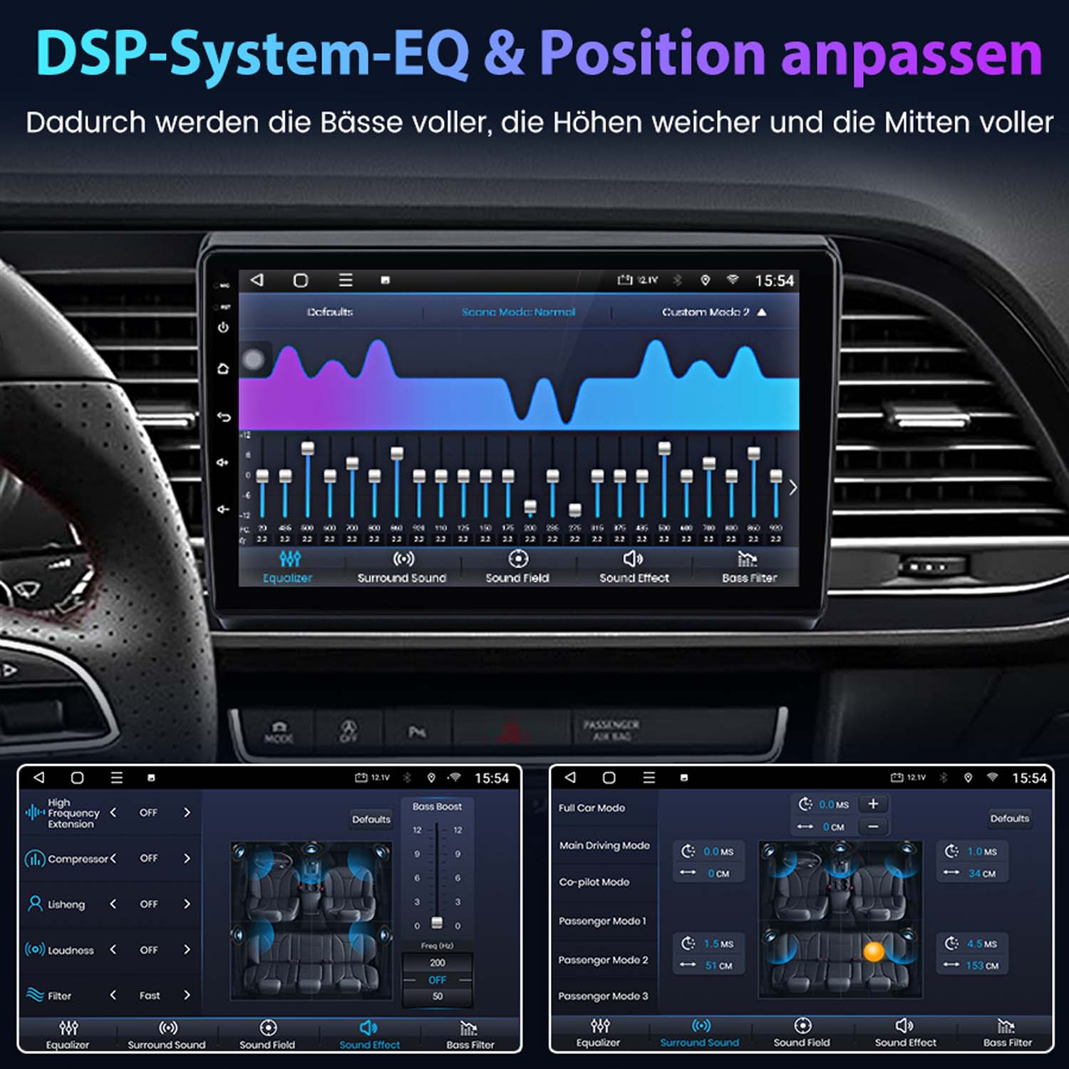 Ein Auto-Infotainmentsystem mit EQ- und Klangmoduseinstellungen.