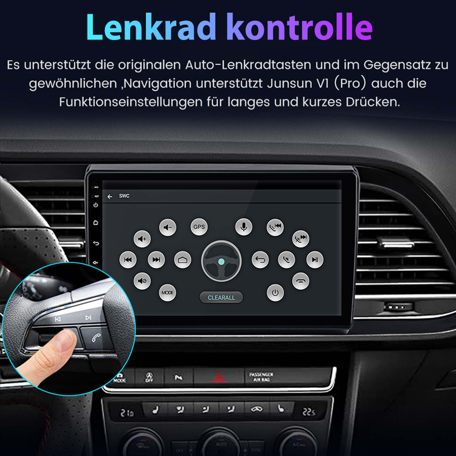 Ein Finger drückt auf Lenkradtasten. Ein Touchscreen zeigt Lenkradsteuerungssymbole.