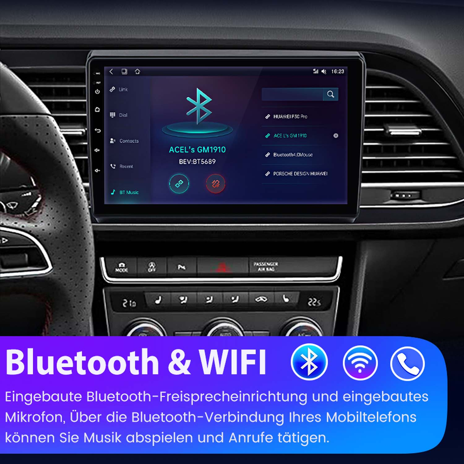 Autoinnenraum mit Touchscreen, der Bluetooth-Geräte anzeigt.