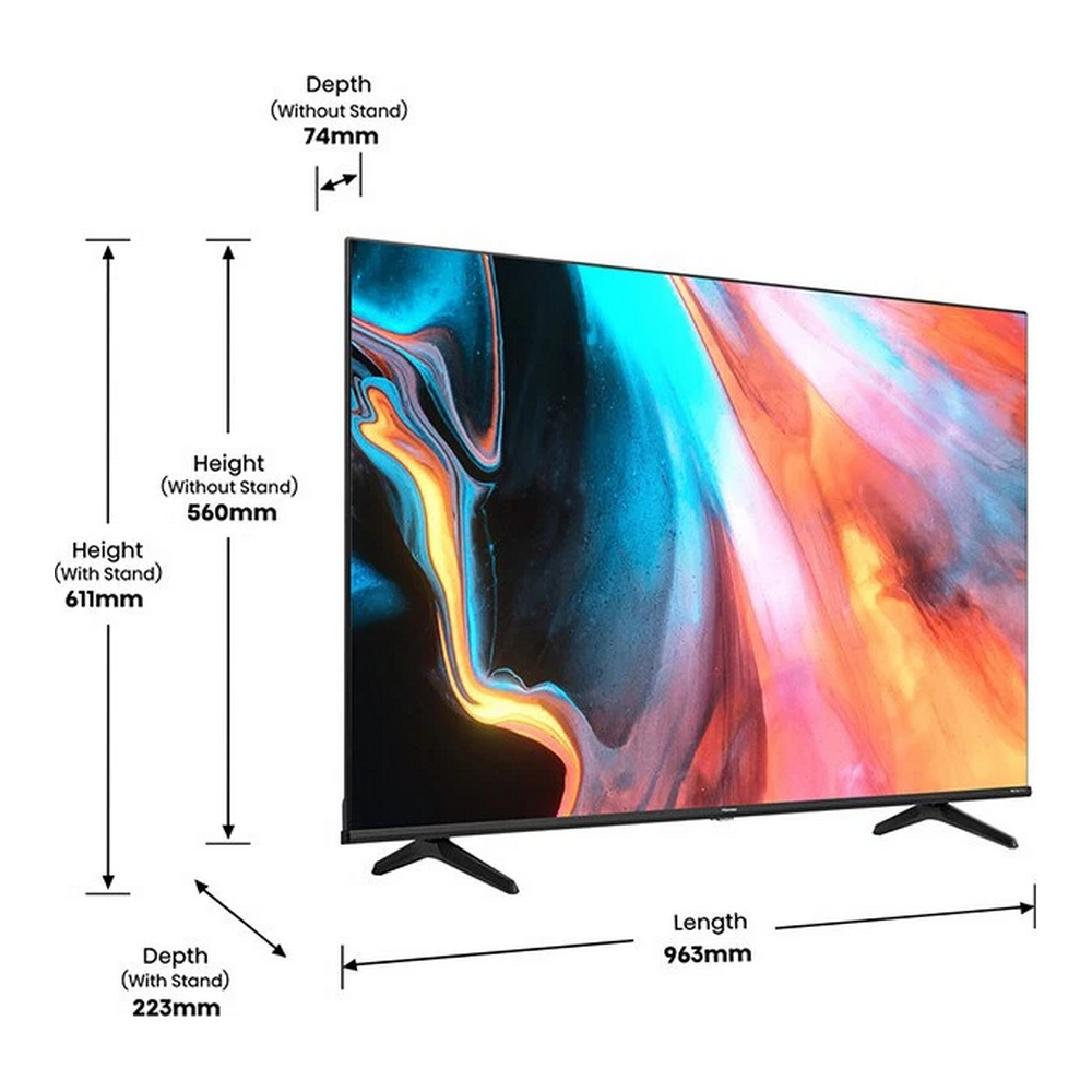 Una TV a schermo piatto con opera d'arte astratta. Dimensioni mostrate.