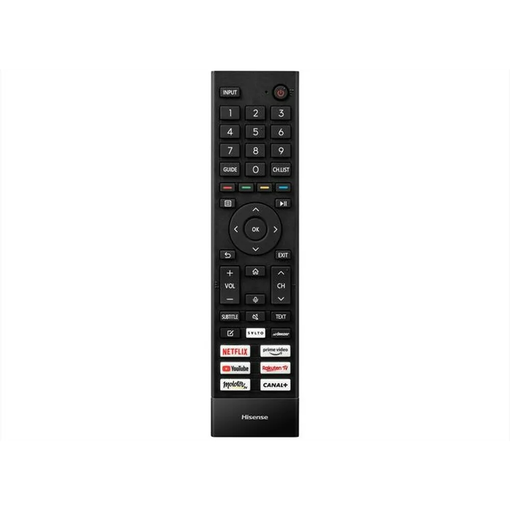Telecomando TV Hisense nero con tasti numerici, controlli di navigazione e scorciatoie app.