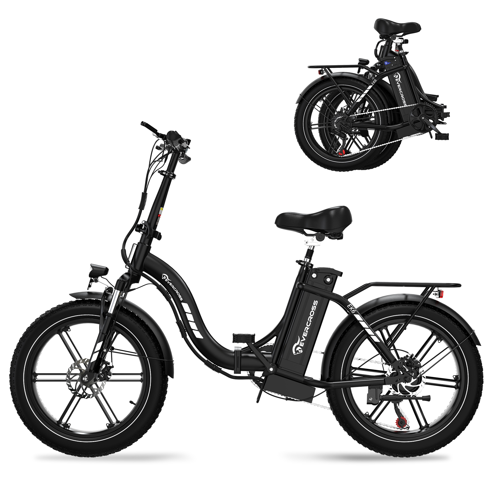 Een zwarte vouwbare elektrische fiets met dikke banden, bagagedrager en vering.