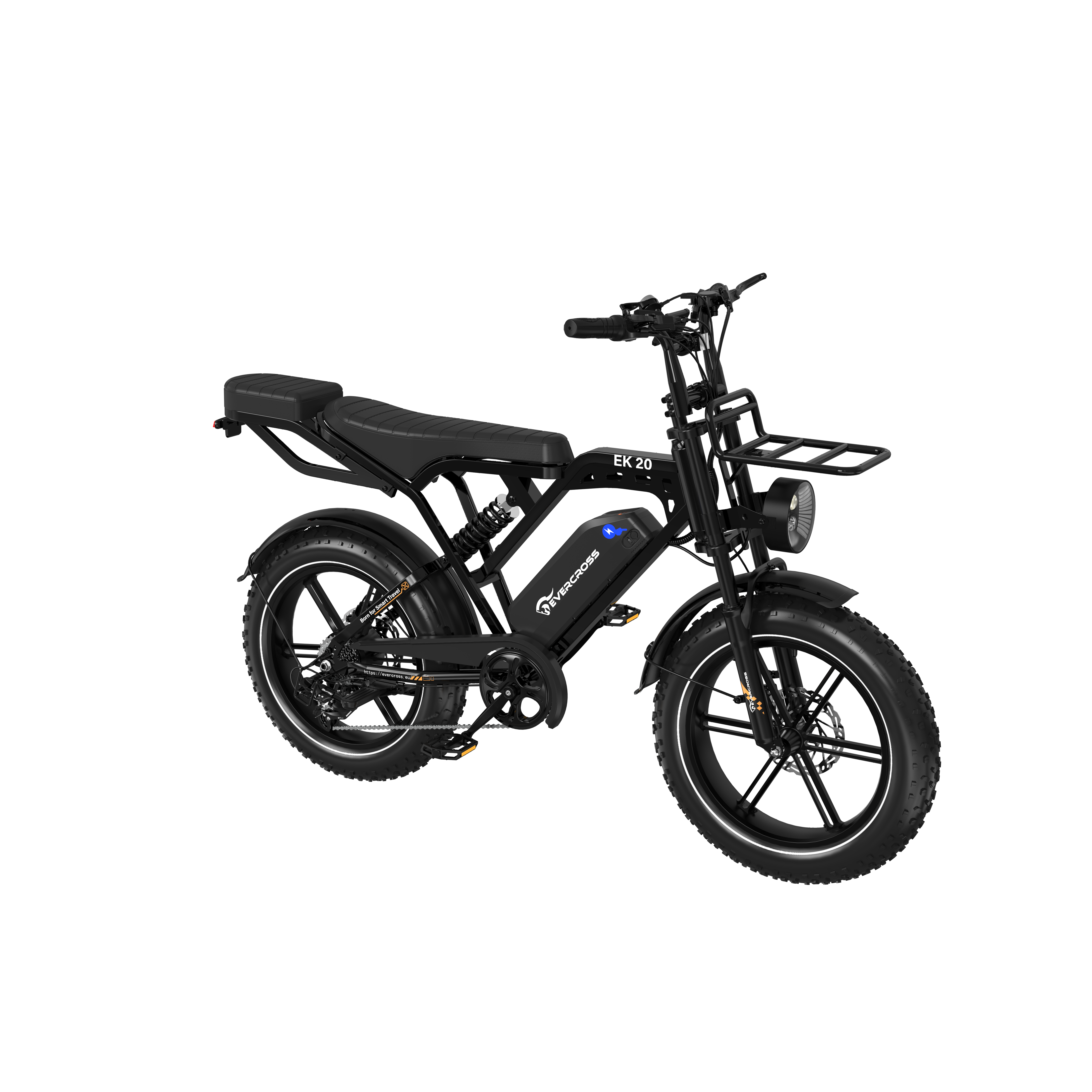 Black electric bike with fat tires, front and rear racks, on a black background.