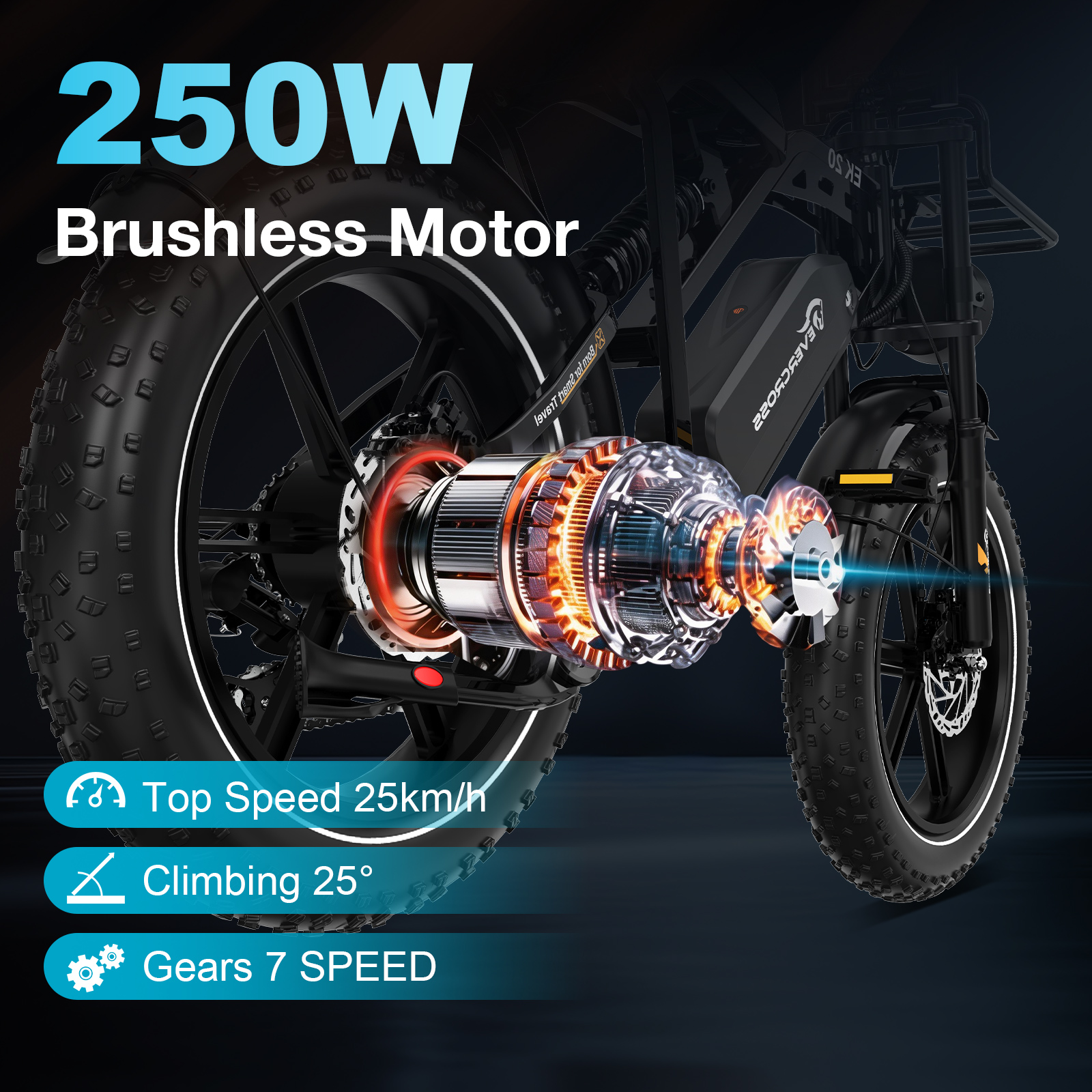 Rower elektryczny z silnikiem 250W, prędkość 25km/h, podjazd 25°, 7 biegów.