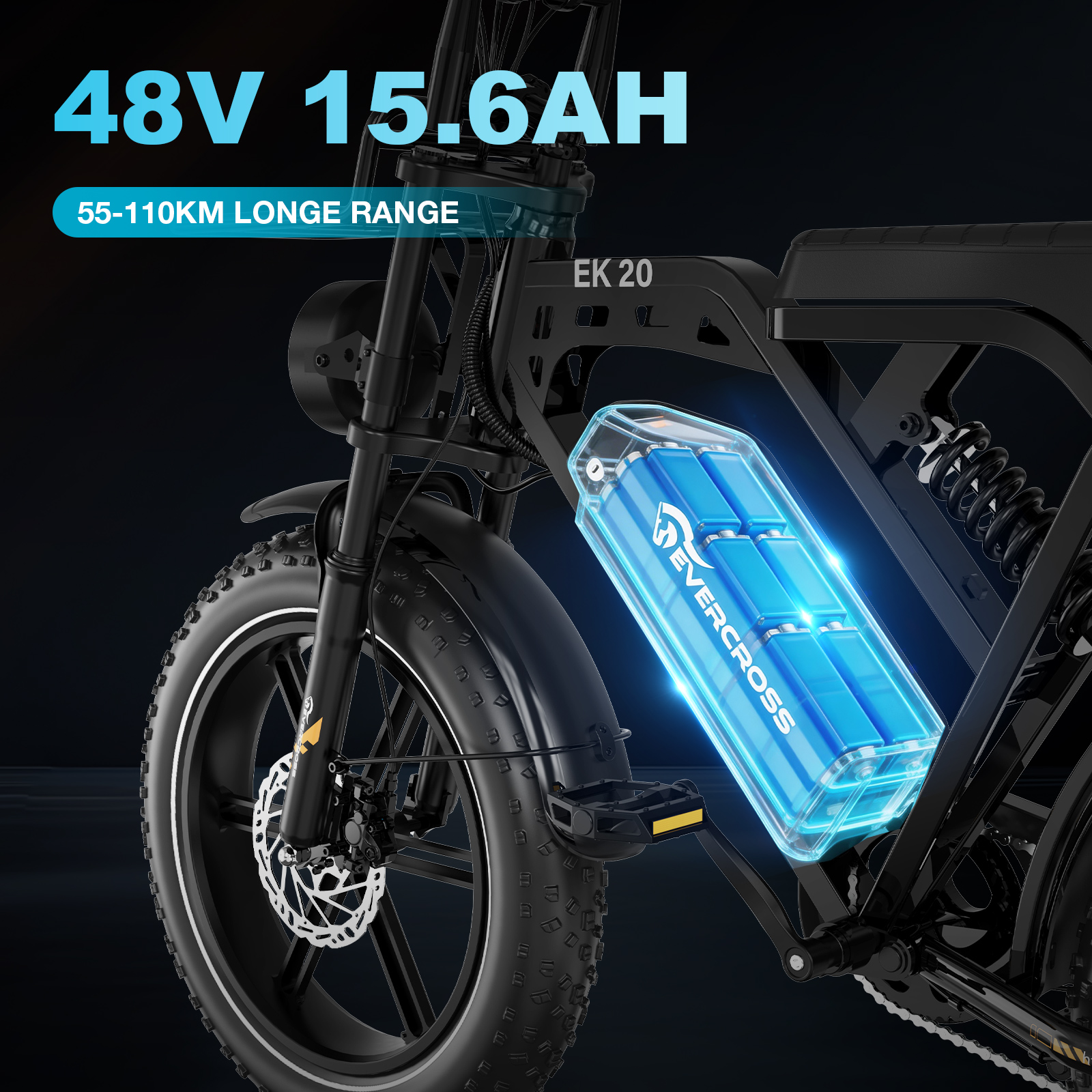 Czarny rower elektryczny z świecącą niebieską baterią z napisem "48V 15.6AH".