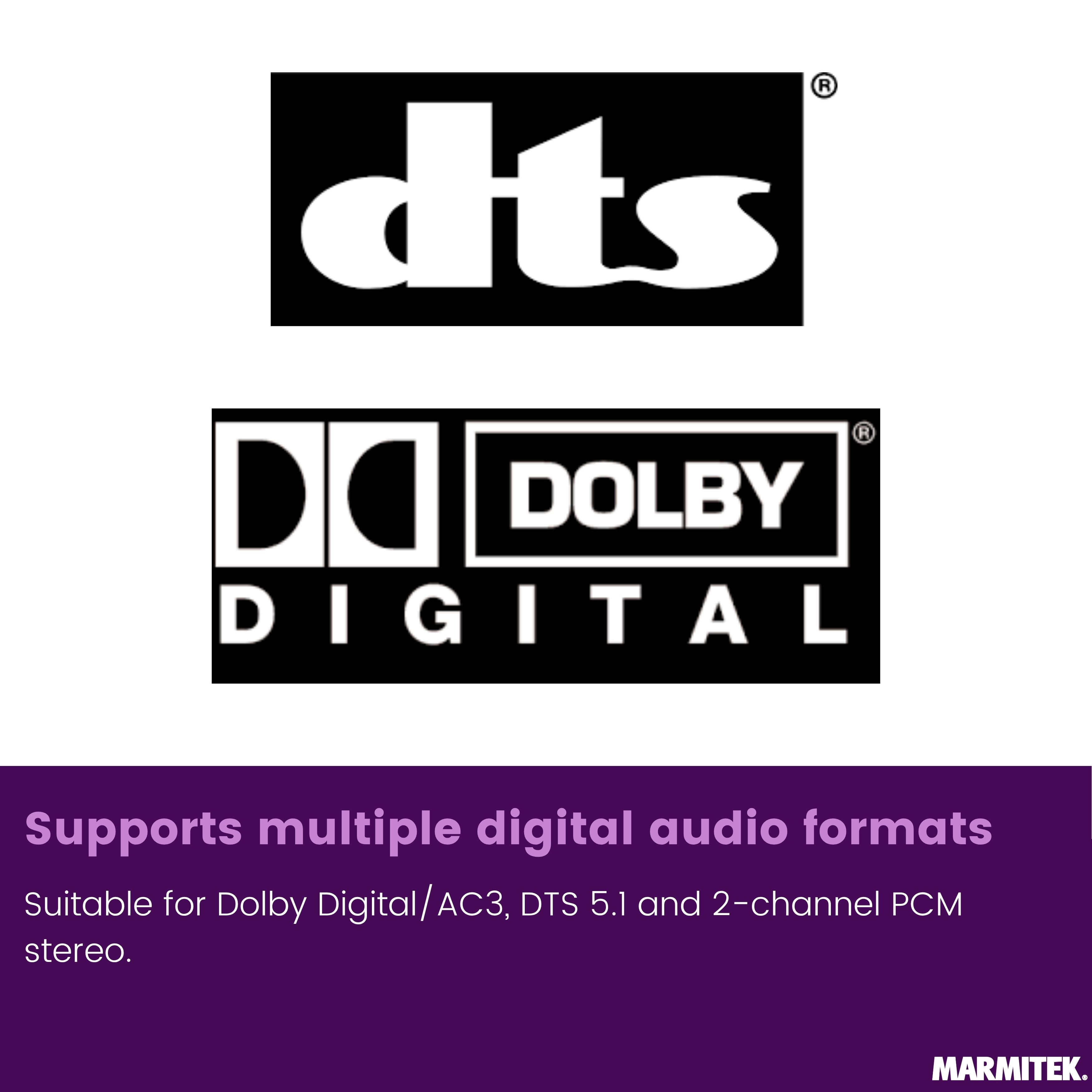 Logos des formats audio DTS et Dolby Digital. Prend en charge plusieurs formats audio numériques.