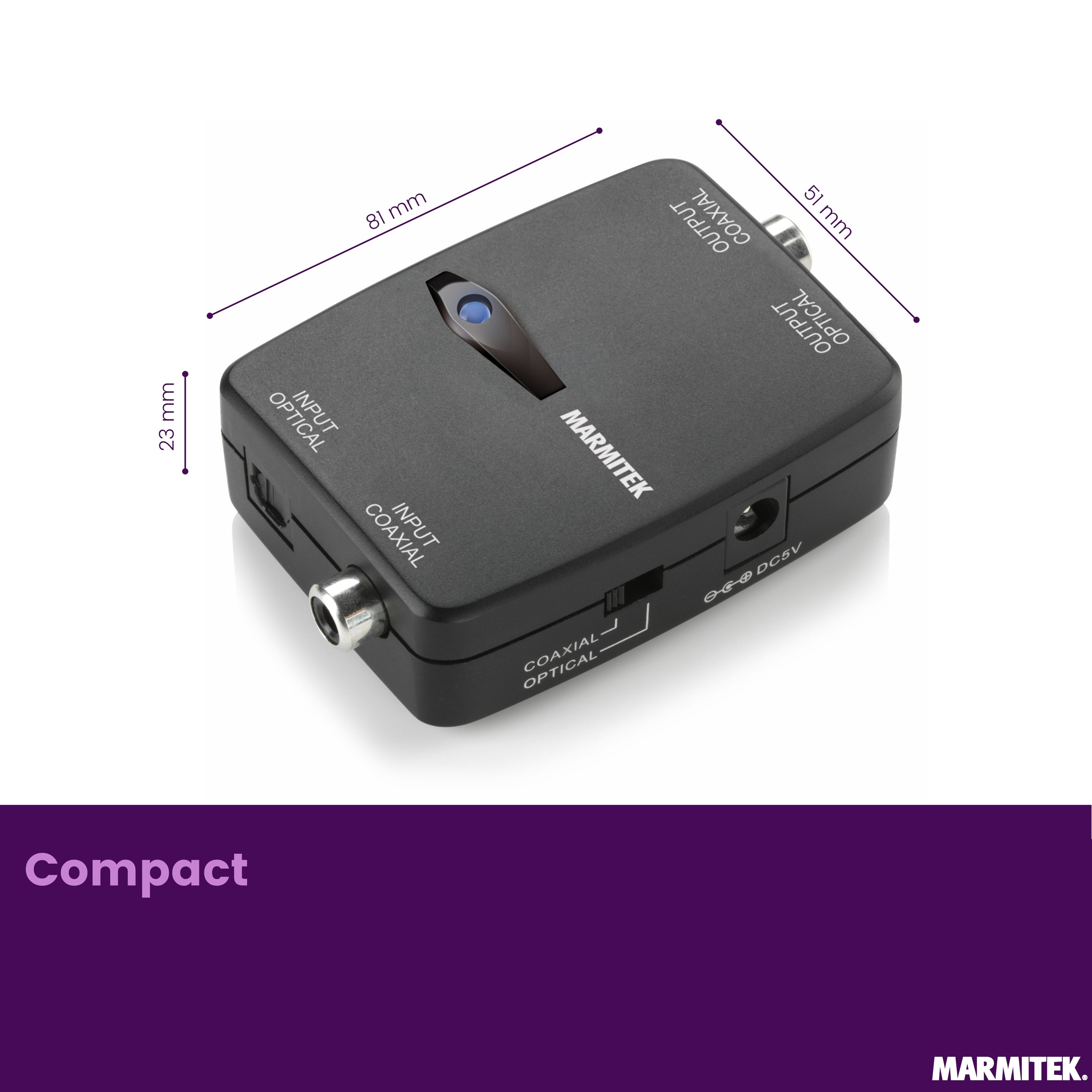 Un convertisseur audio Marmitek noir compact avec des ports.