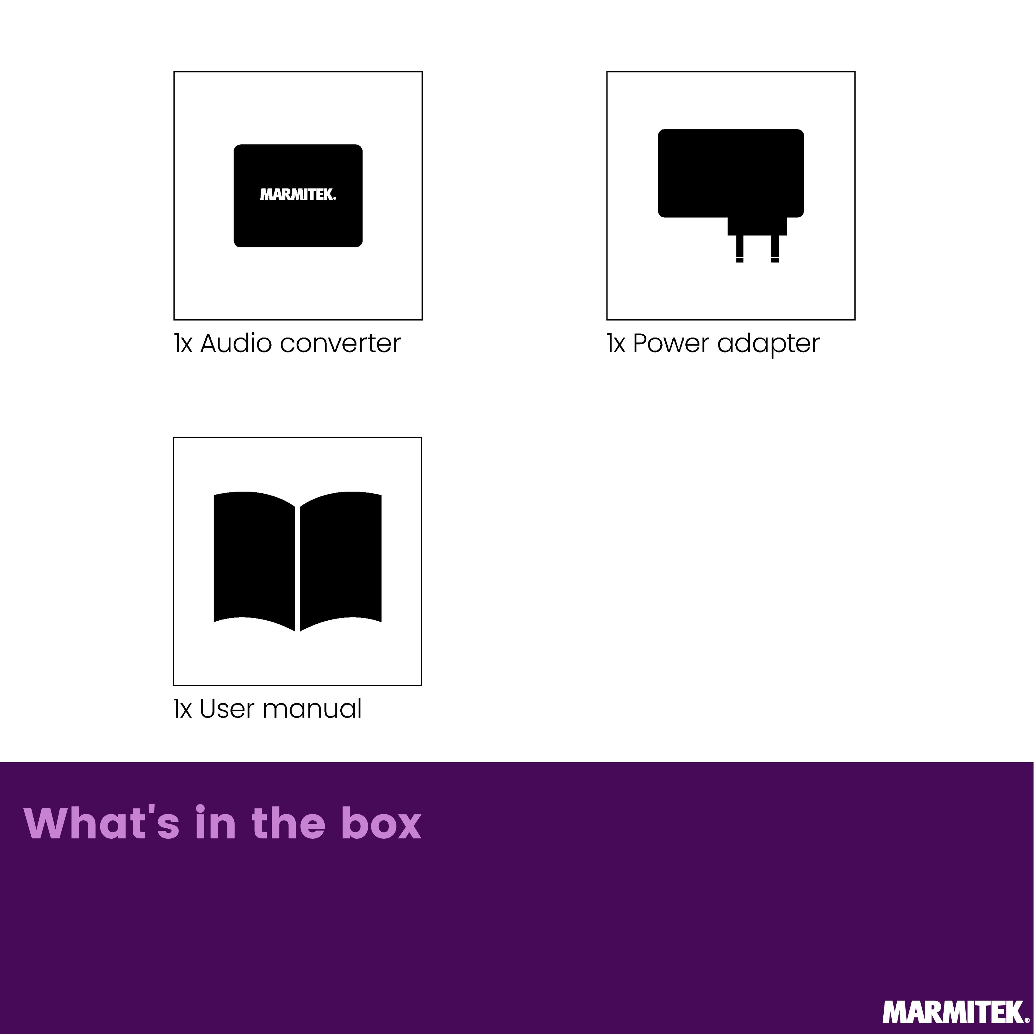 Contenu : convertisseur audio, adaptateur secteur, manuel d'utilisation.