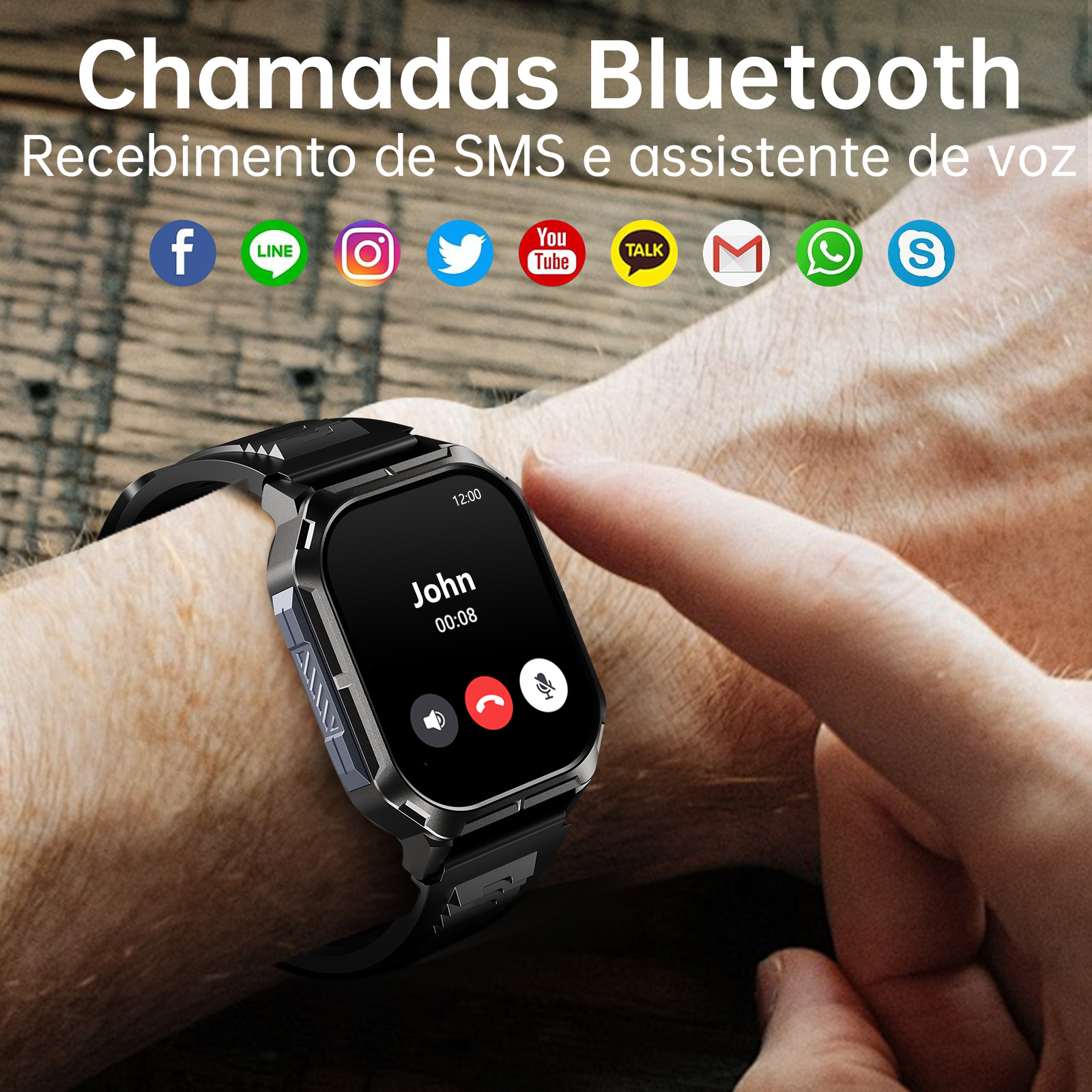 Smartwatch wyświetla połączenie przychodzące od Johna. Widoczne ikony aplikacji.