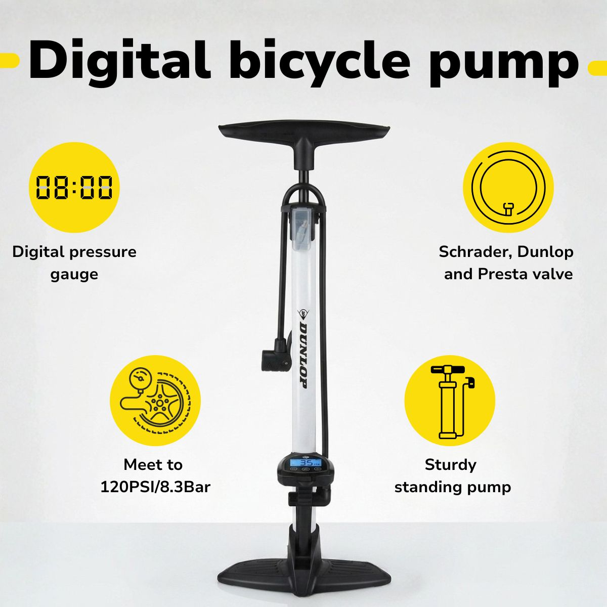 Pompe à vélo numérique avec manomètre, info valve et 120 PSI max.