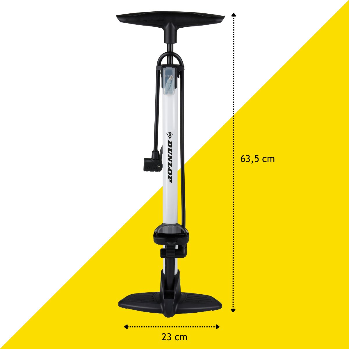 Une pompe à vélo Dunlop blanche avec manche et base noirs.