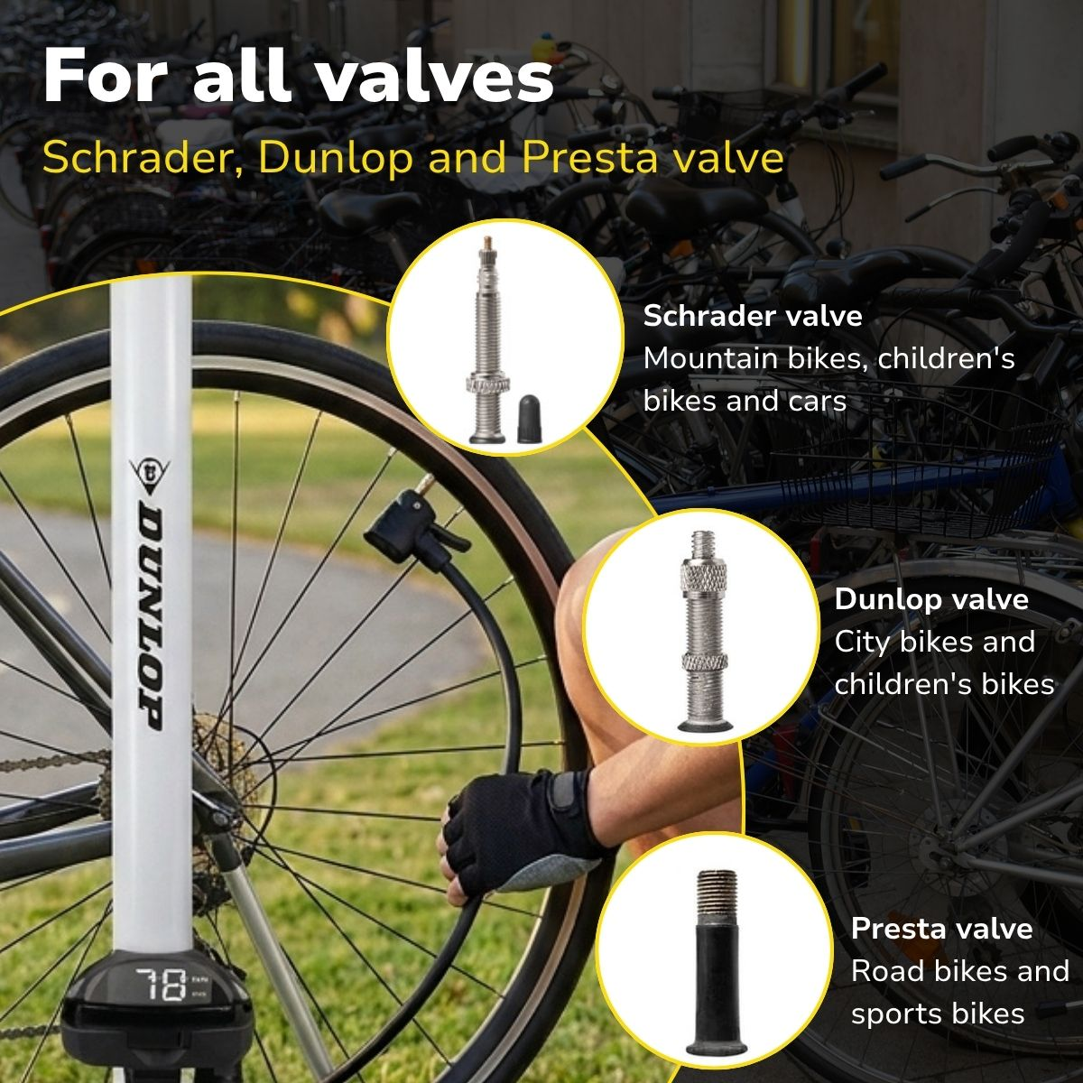 Types de valves de pompe à vélo : Schrader, Dunlop, Presta, avec vélos.