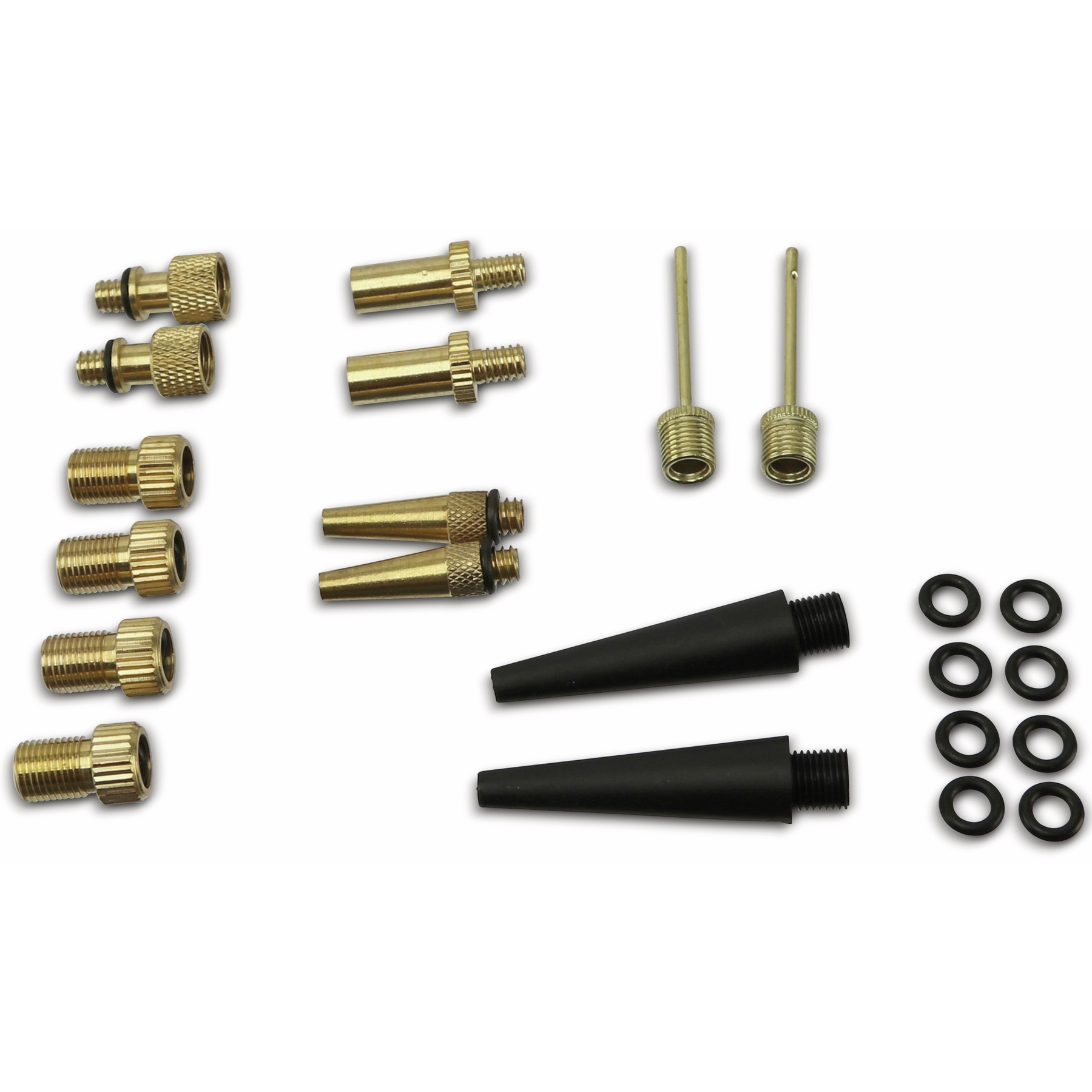 Various brass adapters, black cones, and black O-rings for tire inflation.
