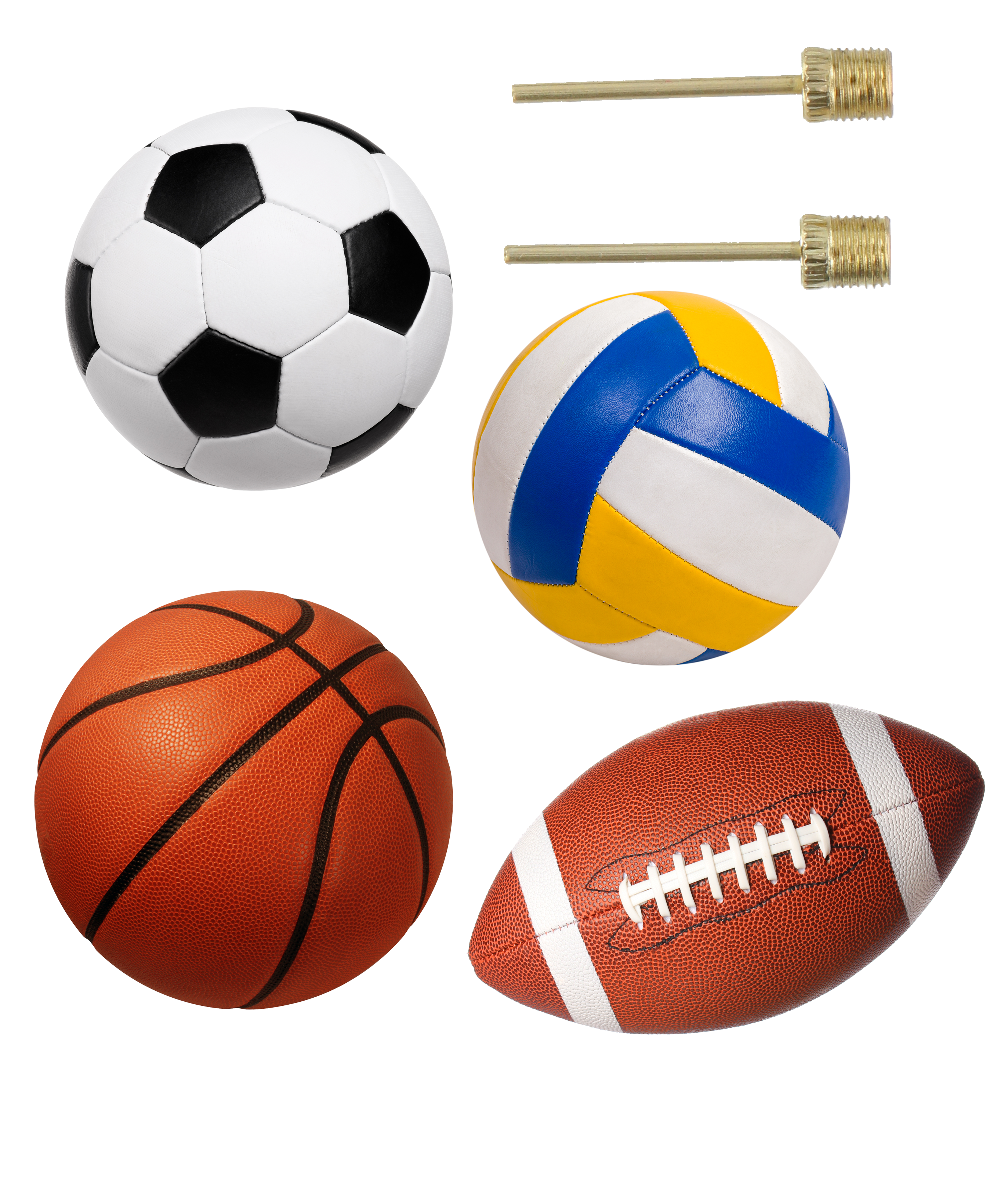 Soccer ball, basketball, volleyball, football, and two needles on black background.