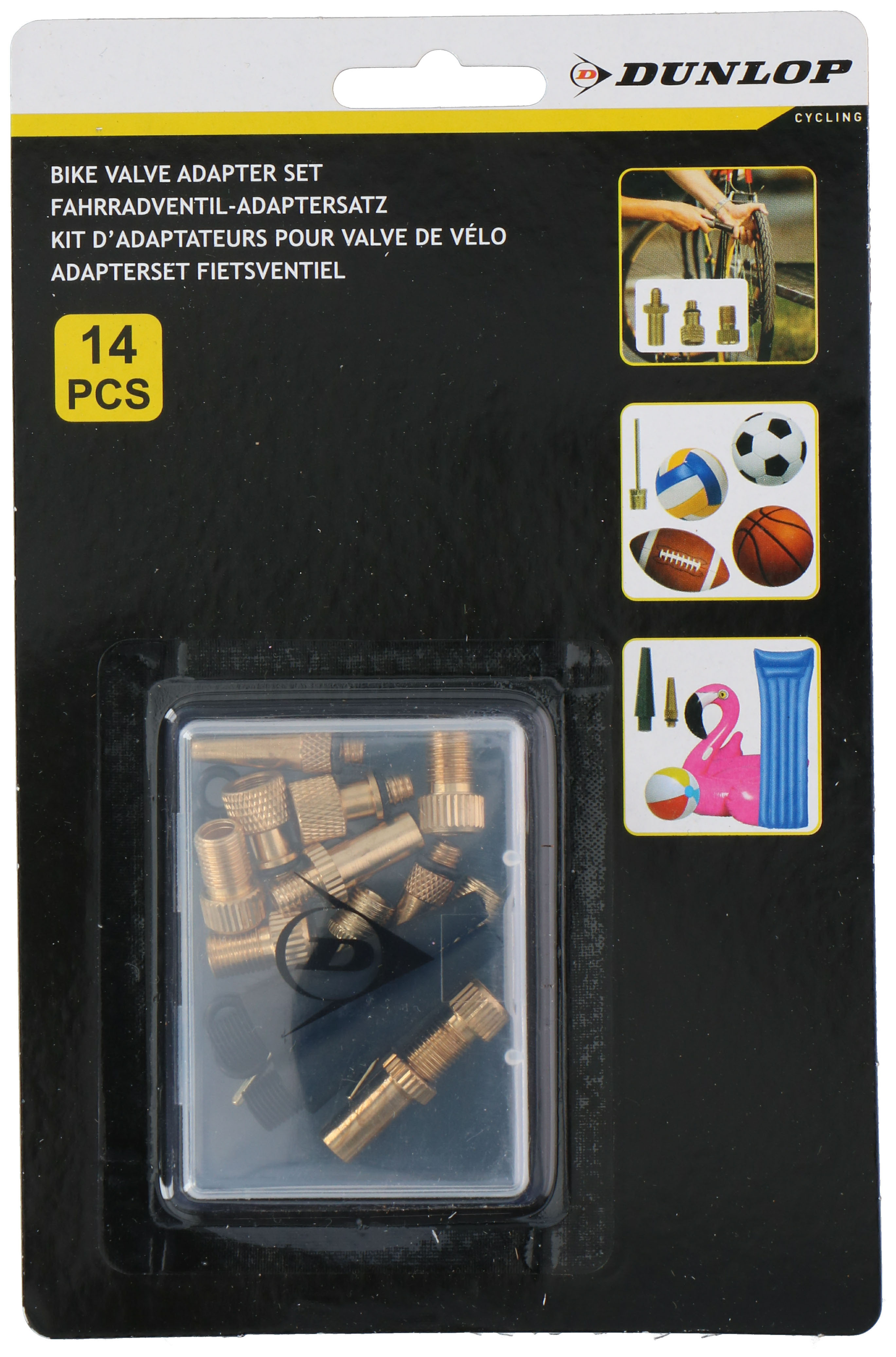 Dunlop Bike Valve Adapter Set, 14 pieces, in blister packaging.