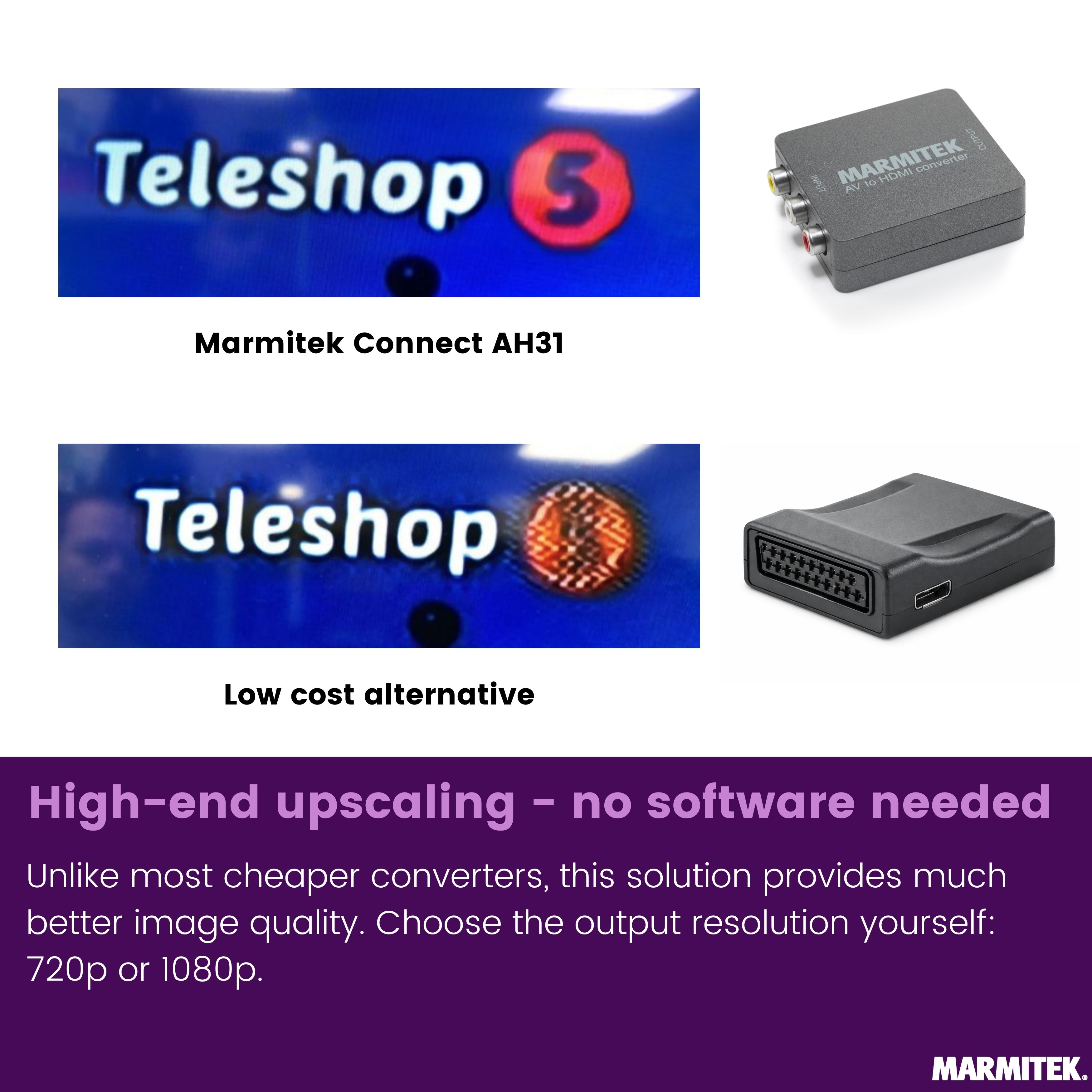 Marmitek AV zu HDMI Konverter und Teleshop-Logo.
