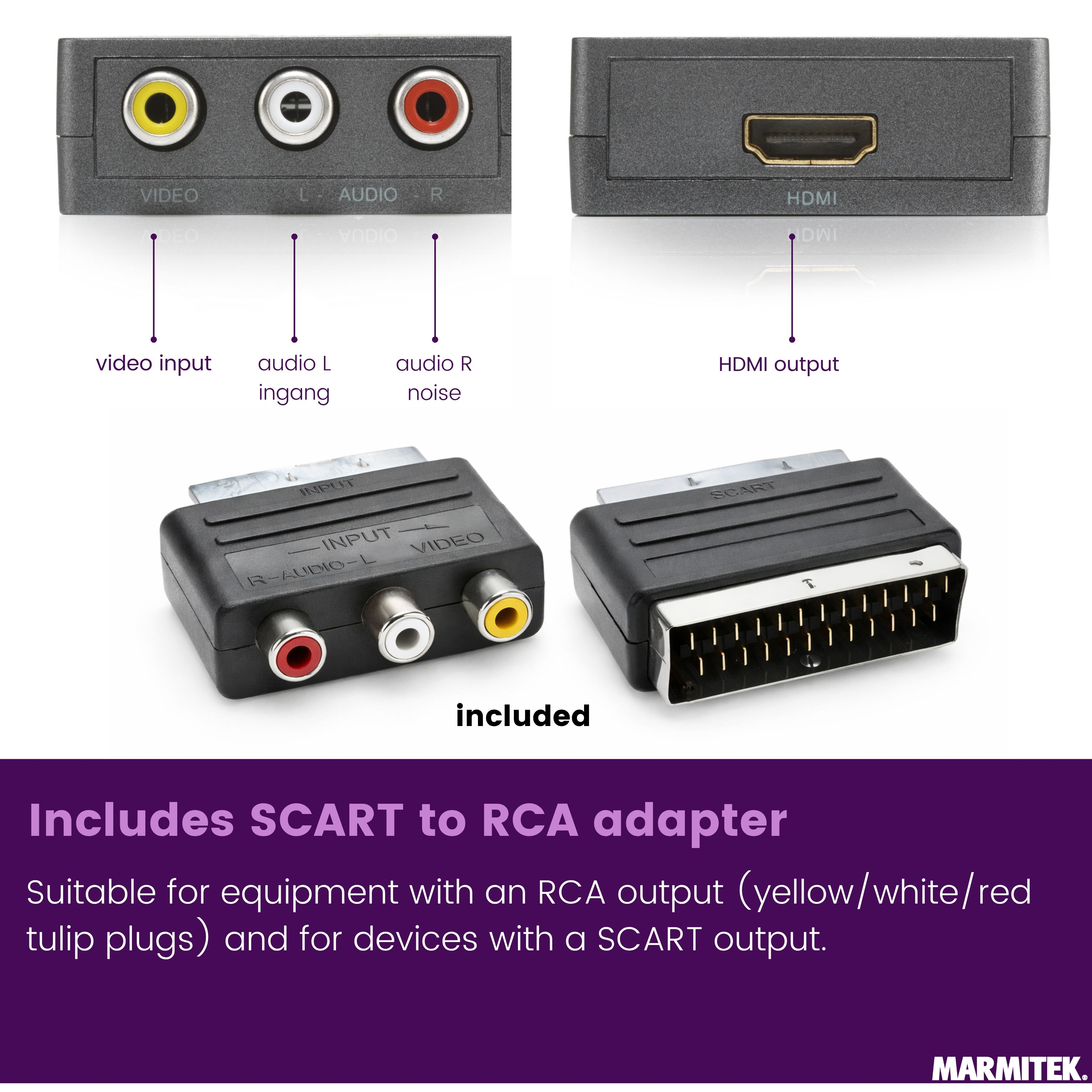 Adapter mit HDMI-Ausgang, RCA-Eingängen und SCART-Anschluss. Enthält SCART-zu-RCA-Adapter.