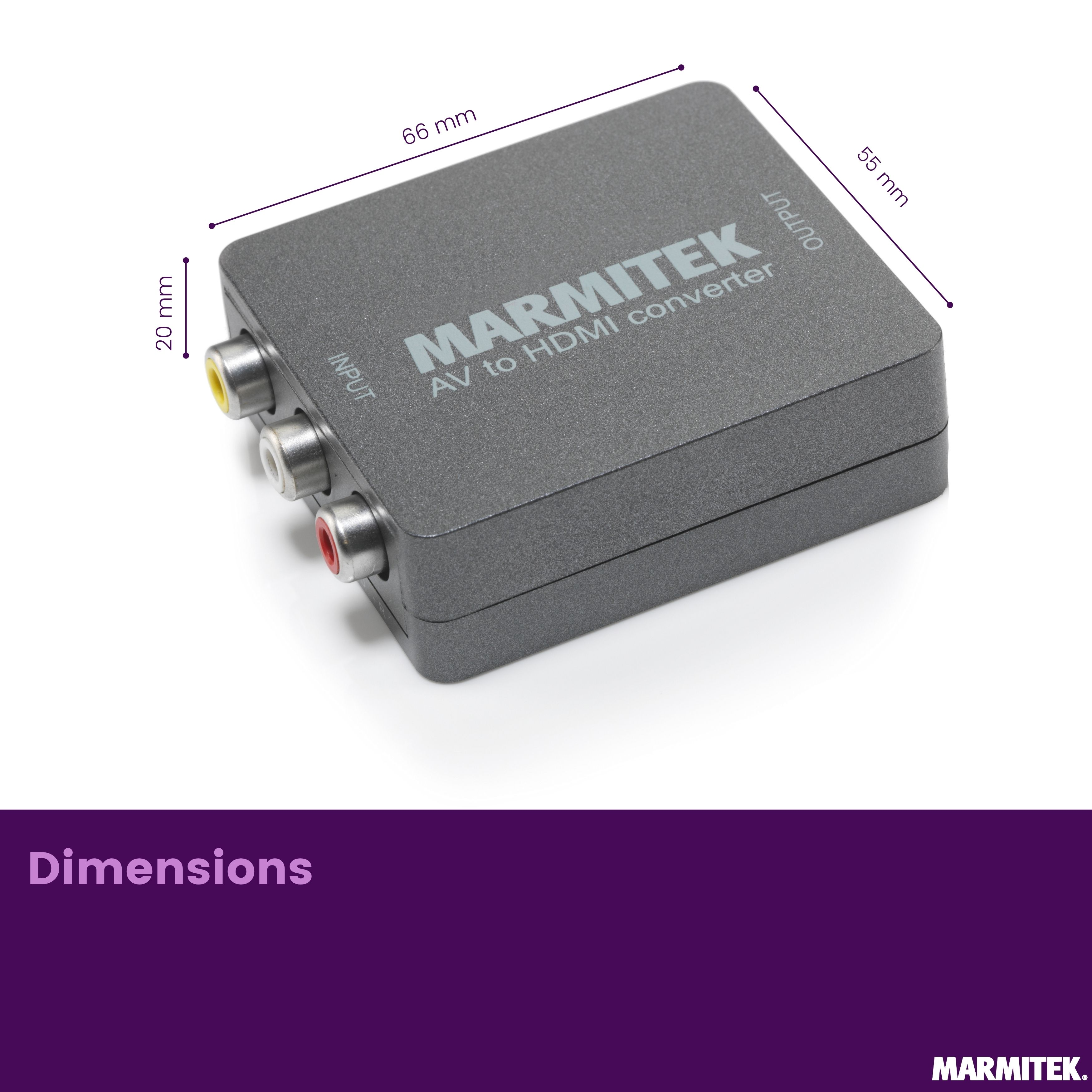 Grauer Marmitek AV zu HDMI Konverter mit RCA-Eingängen und Maßen.