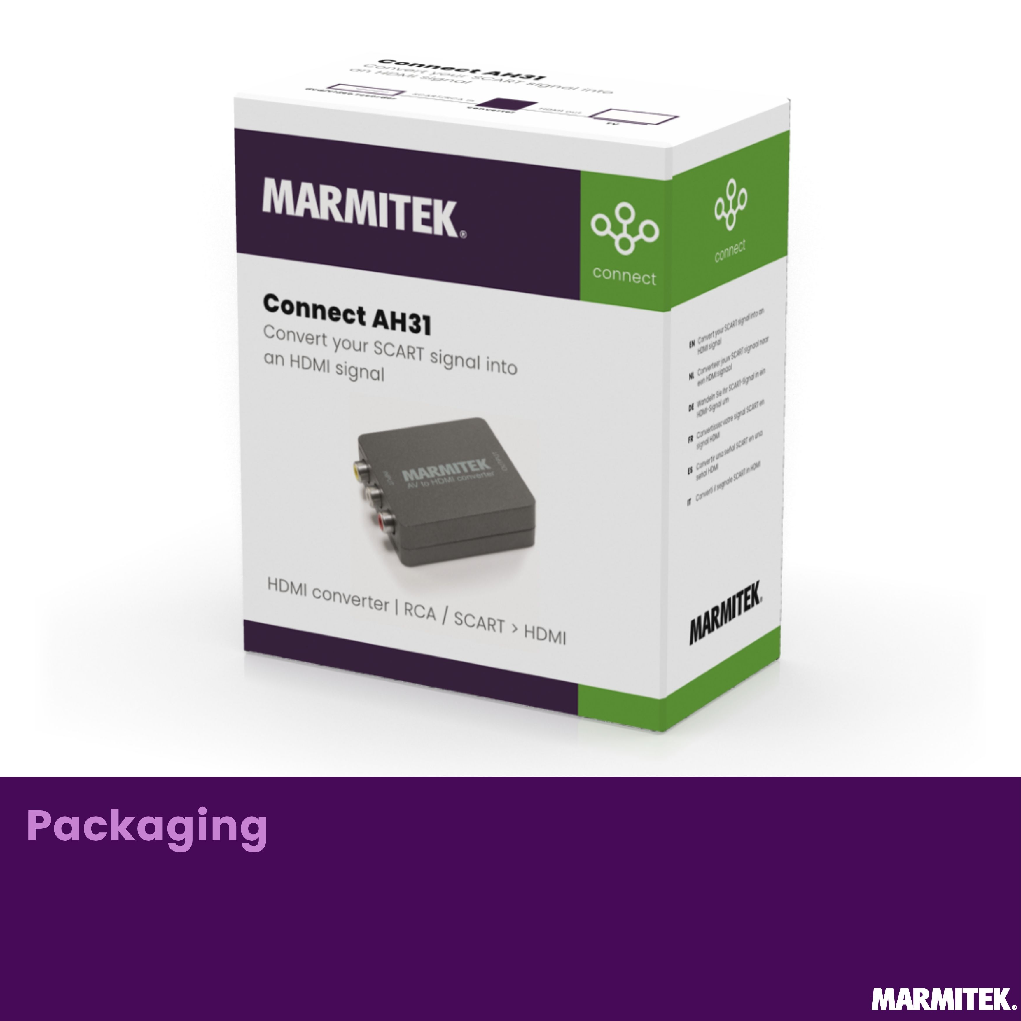 Marmitek Connect AH31 Verpackung mit HDMI-Konverter und Anschlüssen.