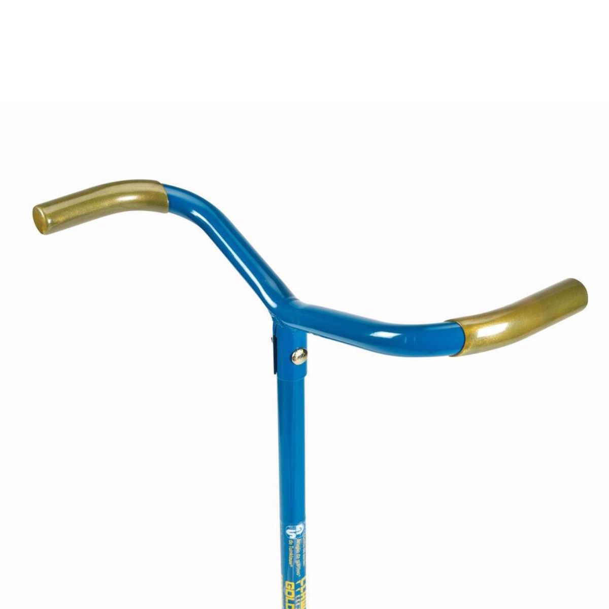 Blauw stuur met gouden handvatten op witte achtergrond.