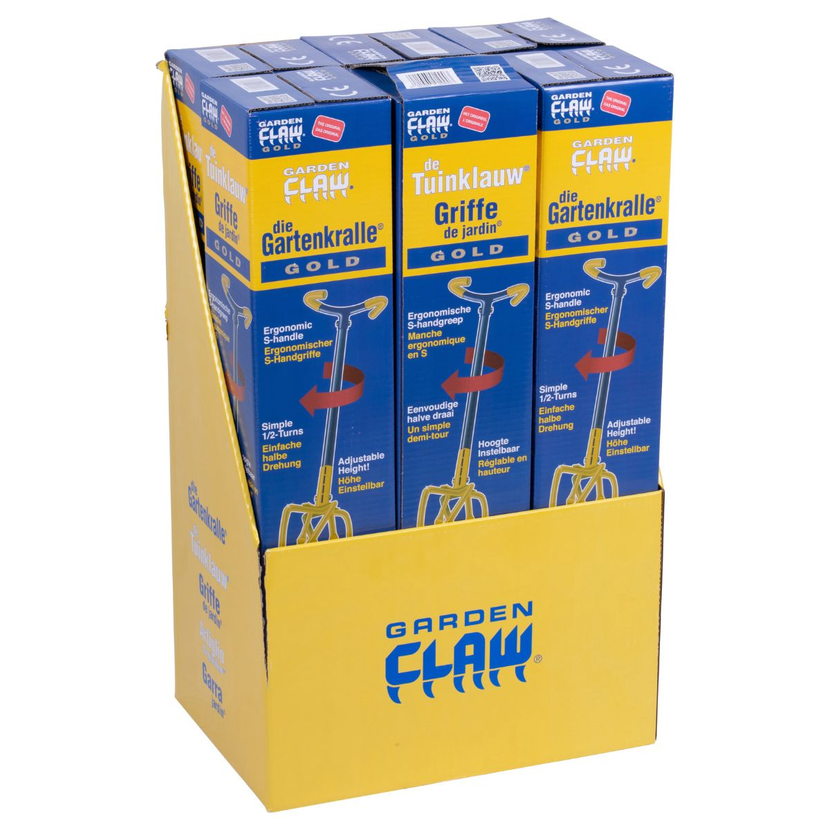 Meerdere dozen met Garden Claw gereedschap in geel en blauw, met productinfo.