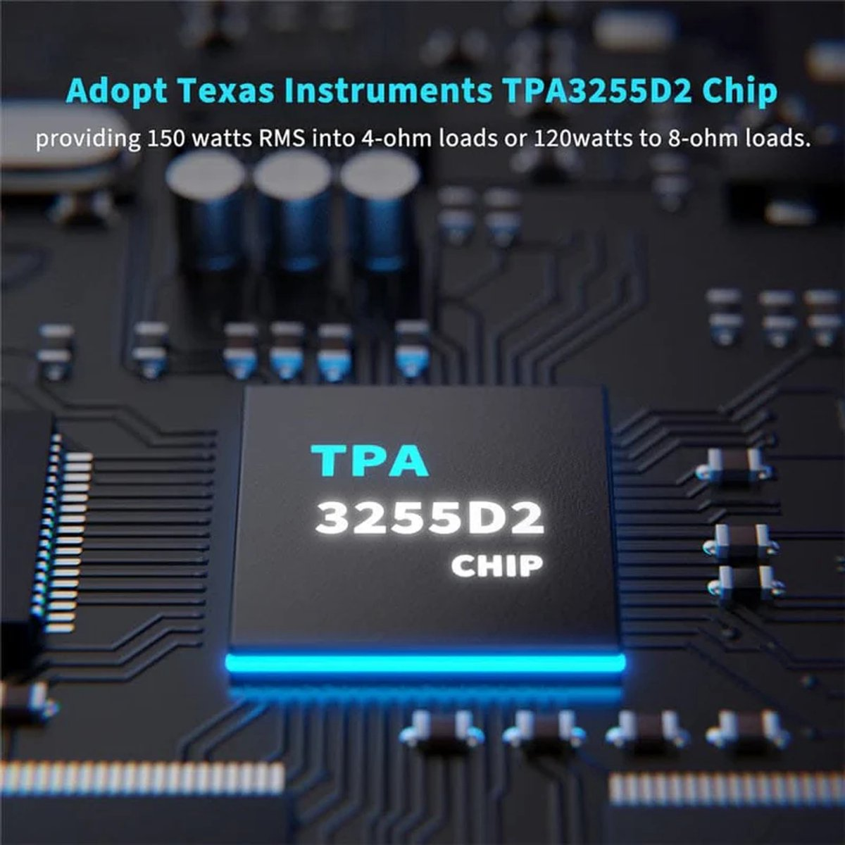 Close-up of a black chip with blue lights, labeled TPA 3255D2 CHIP.