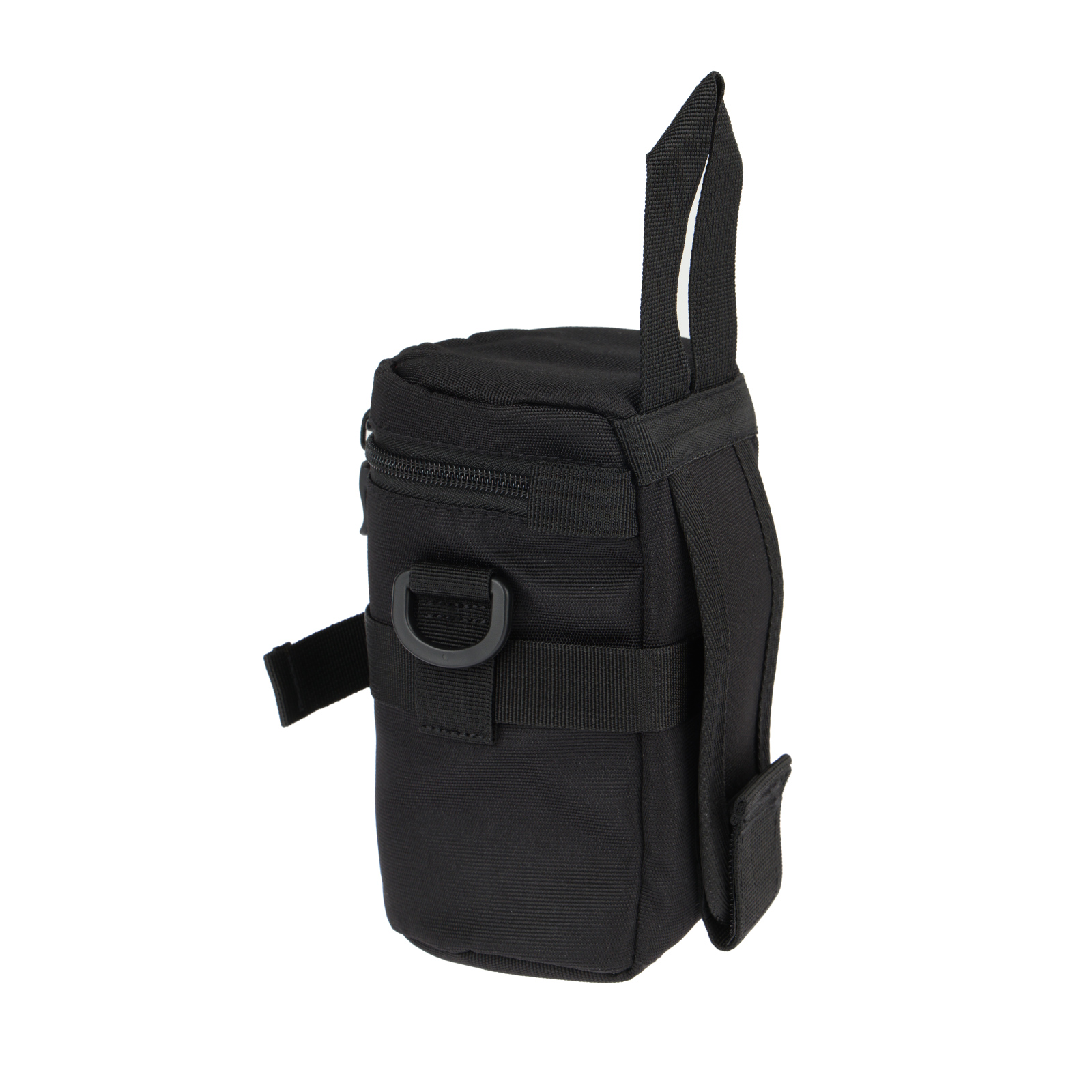 Schwarze Stofftasche mit Reißverschluss, D-Ring und Trageschlaufe.