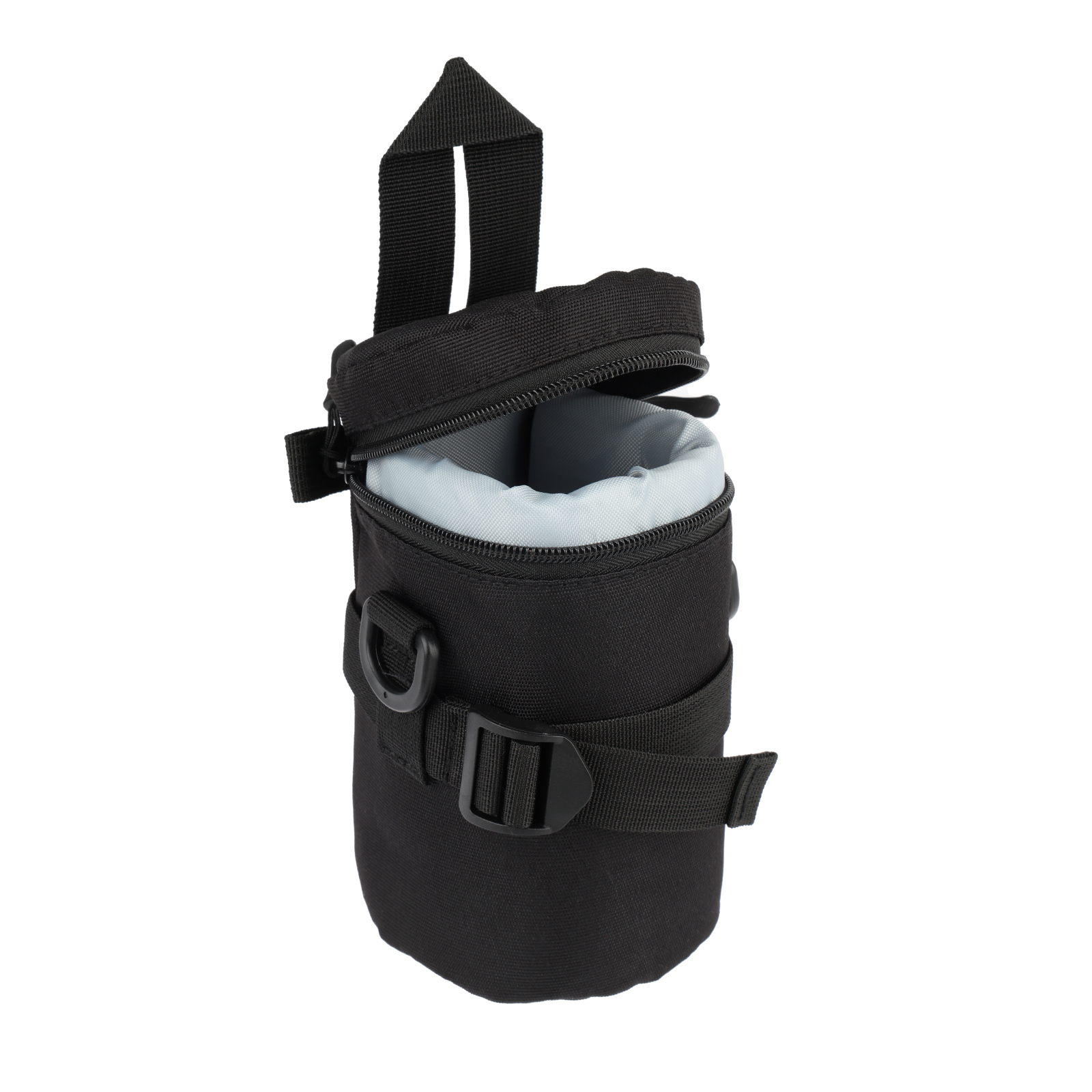 Schwarze Tasche mit Reißverschluss, offen, mit hellgrauem Innenfutter und Trageschlaufe.