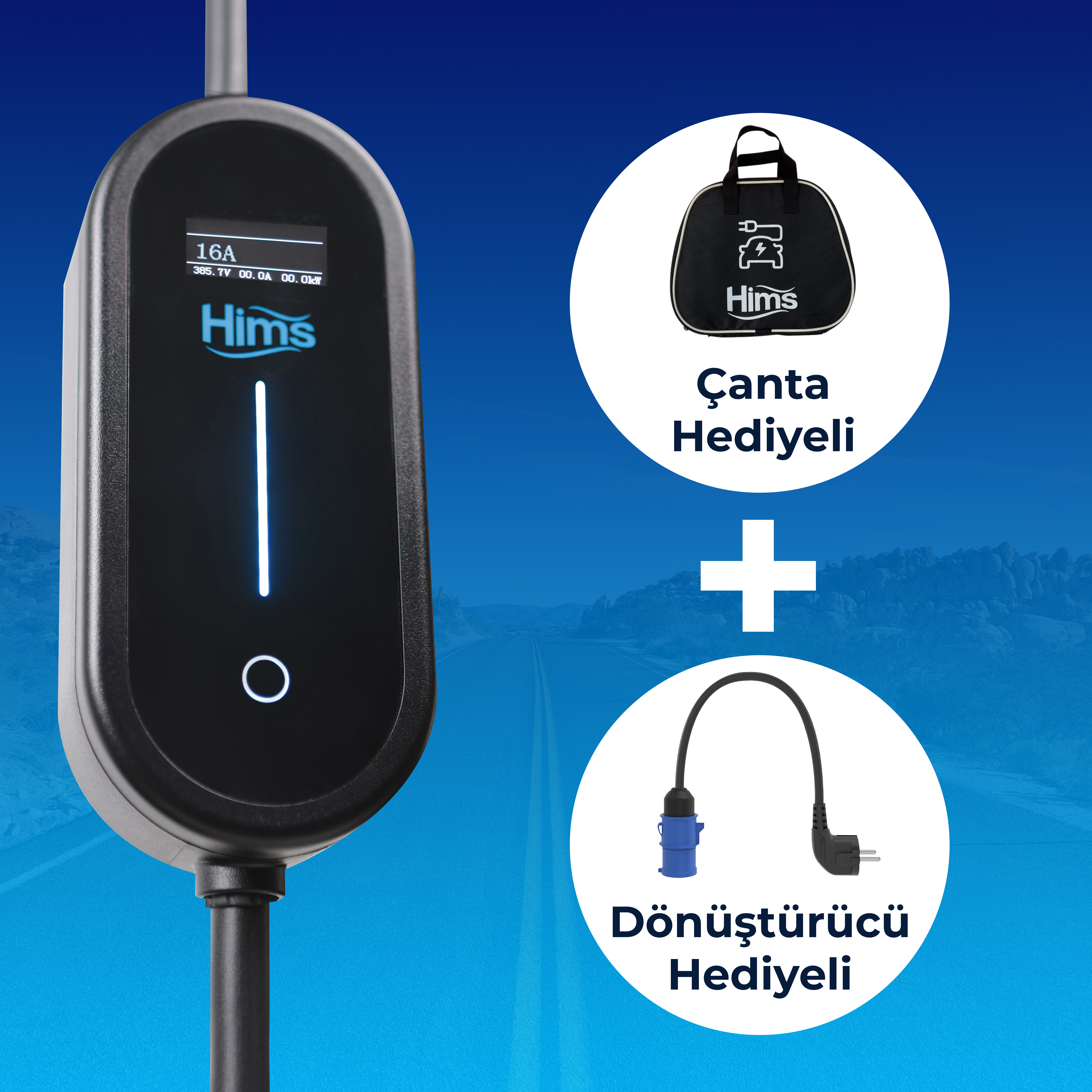 Elektrikli araç şarj cihazı ve aksesuarları mavi arka planda.