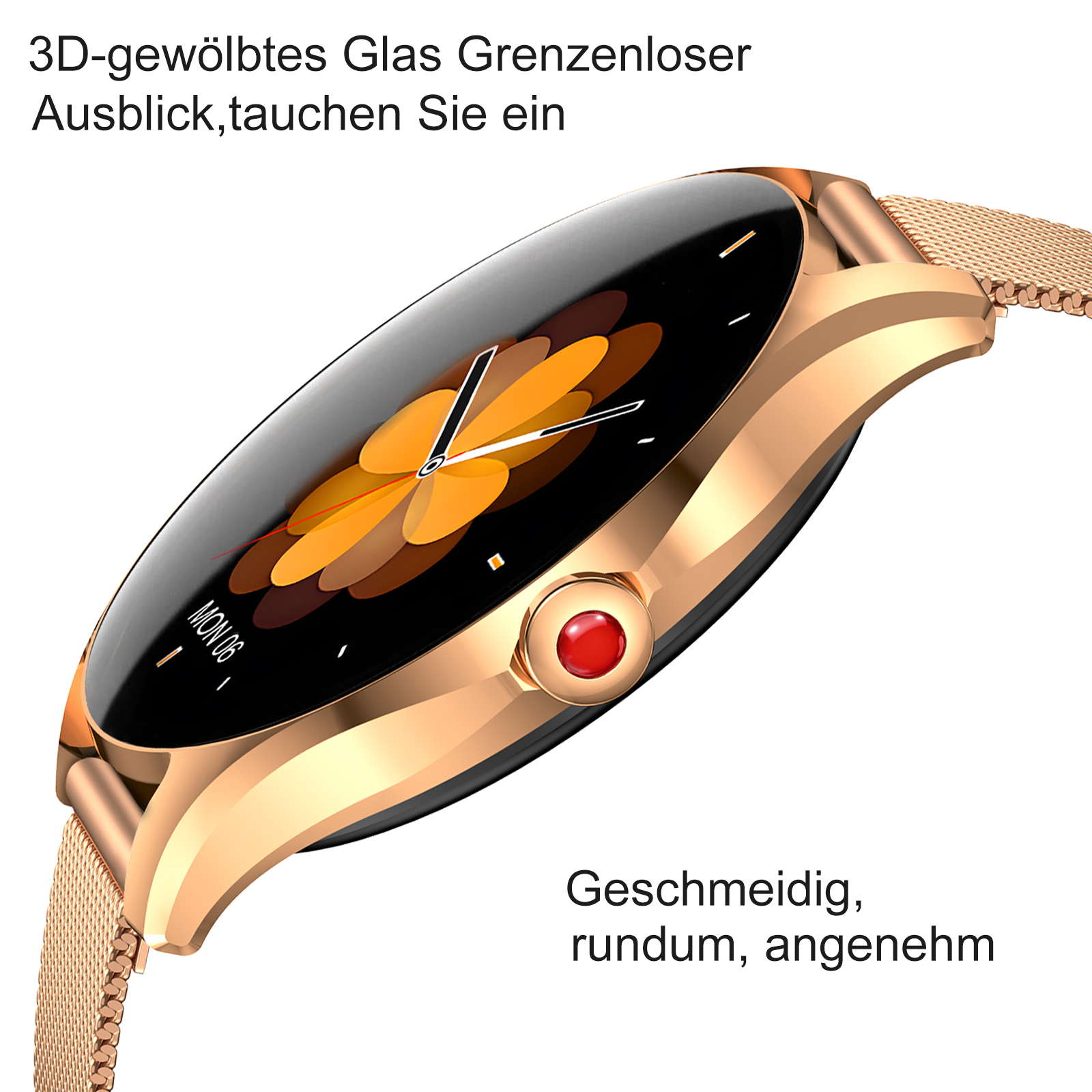 Eine goldene Smartwatch mit rundem Display und rotem Knopf.