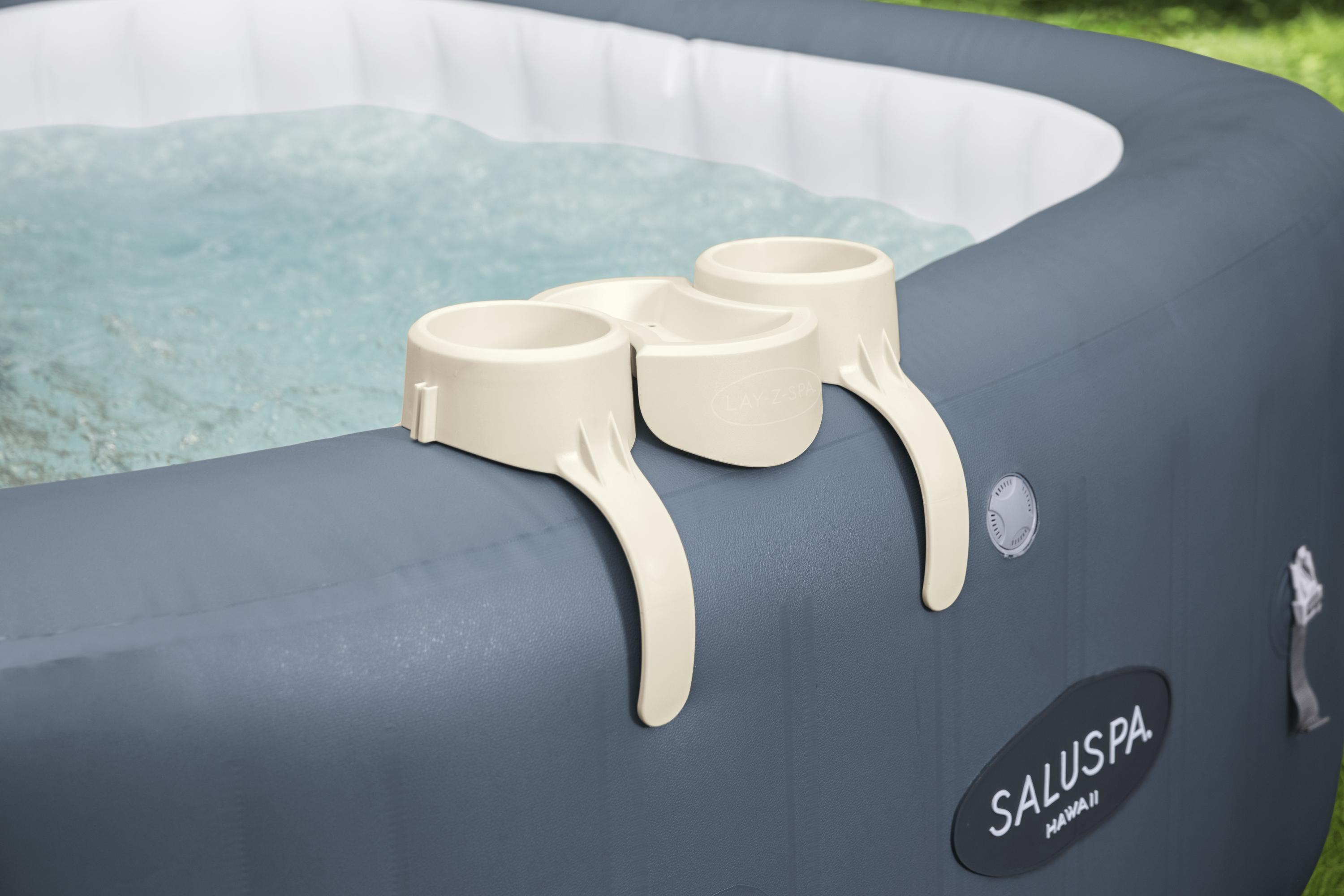 Een opblaasbare jacuzzi met twee bekerhouders en het Lay-Z-Spa logo.