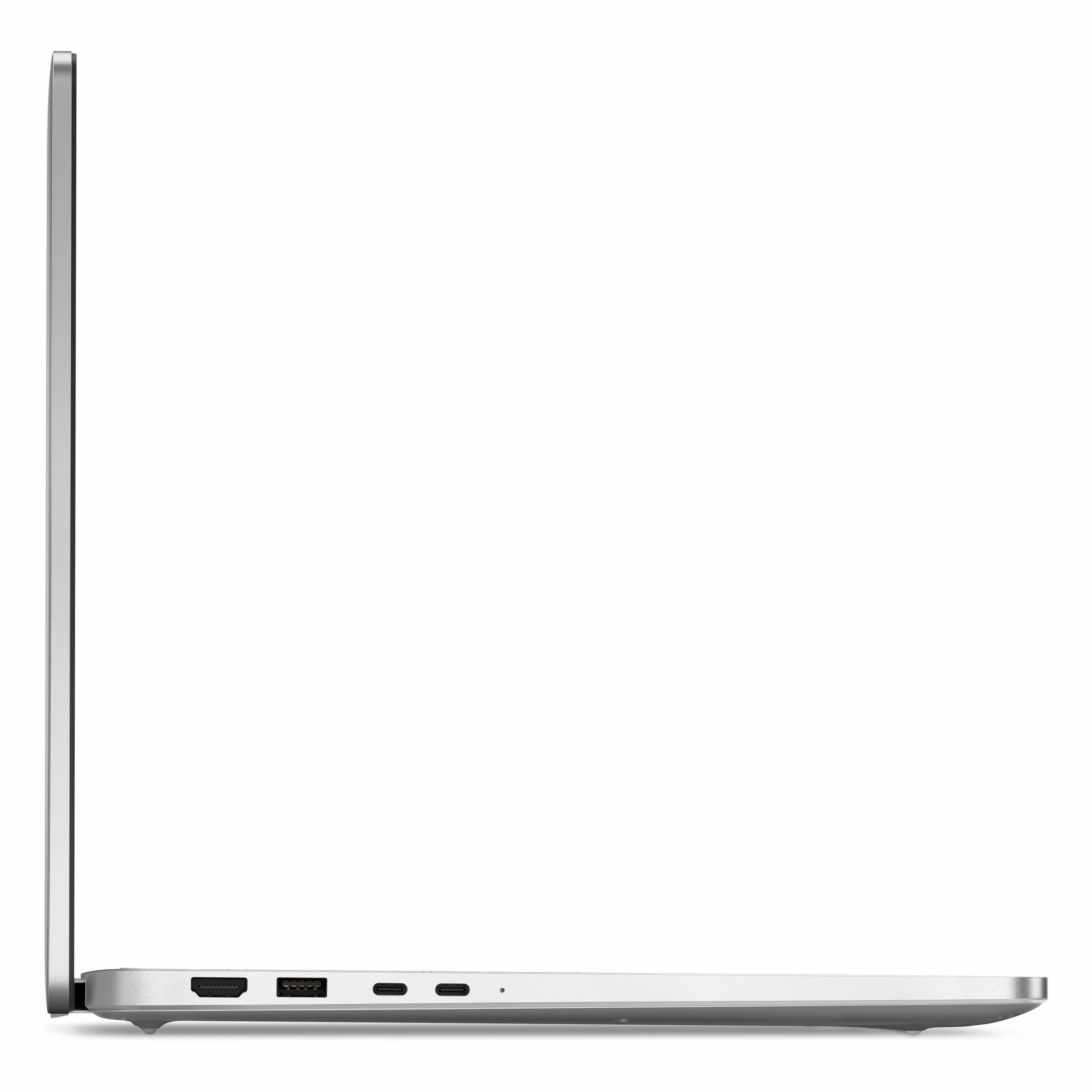 HDMI, USB-A ve iki USB-C bağlantı noktasına sahip ince, gümüş rengi bir dizüstü bilgisayarın yan görünümü.