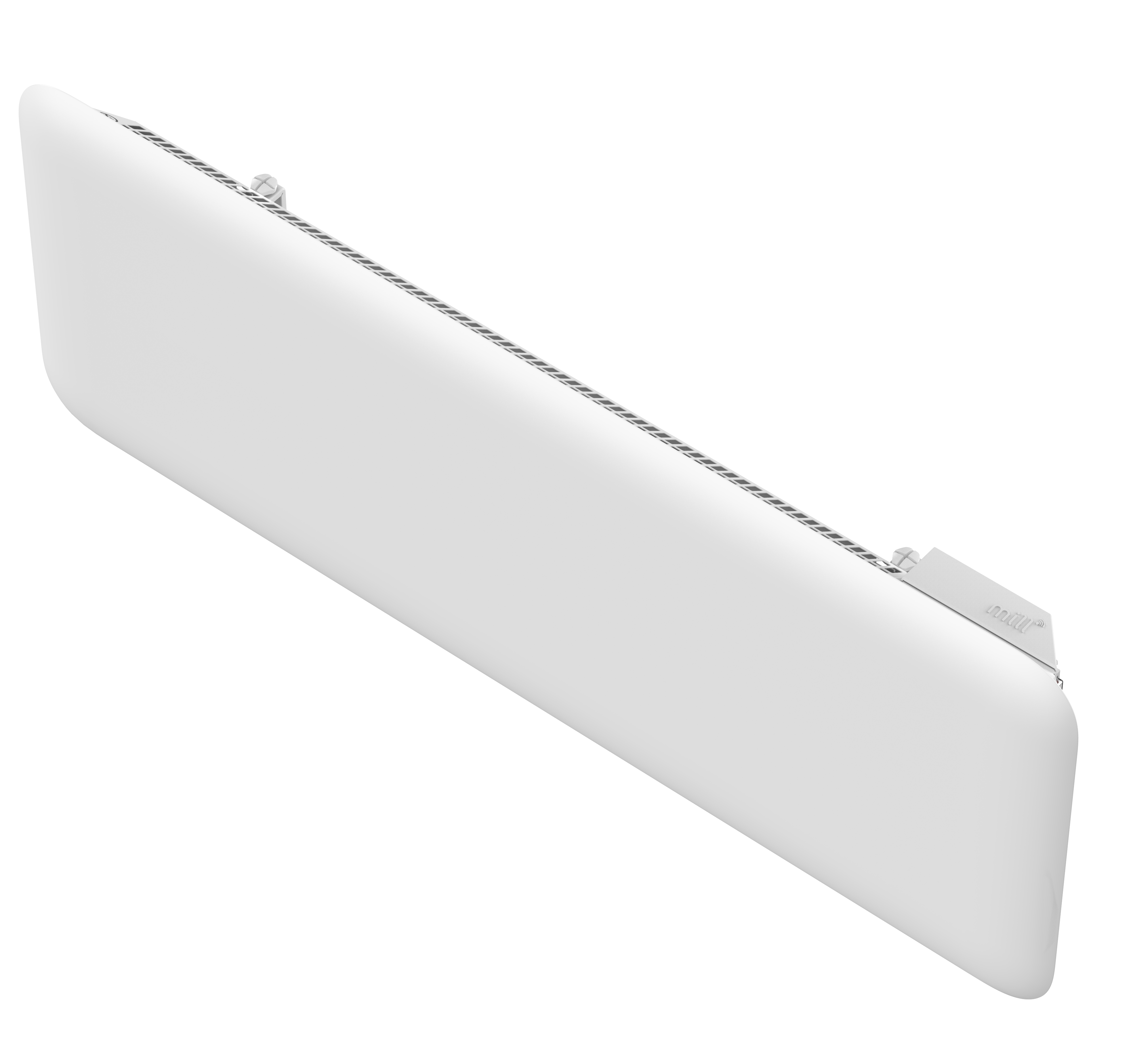 Un oggetto bianco, rettangolare, con angoli arrotondati e un cavo metallico.