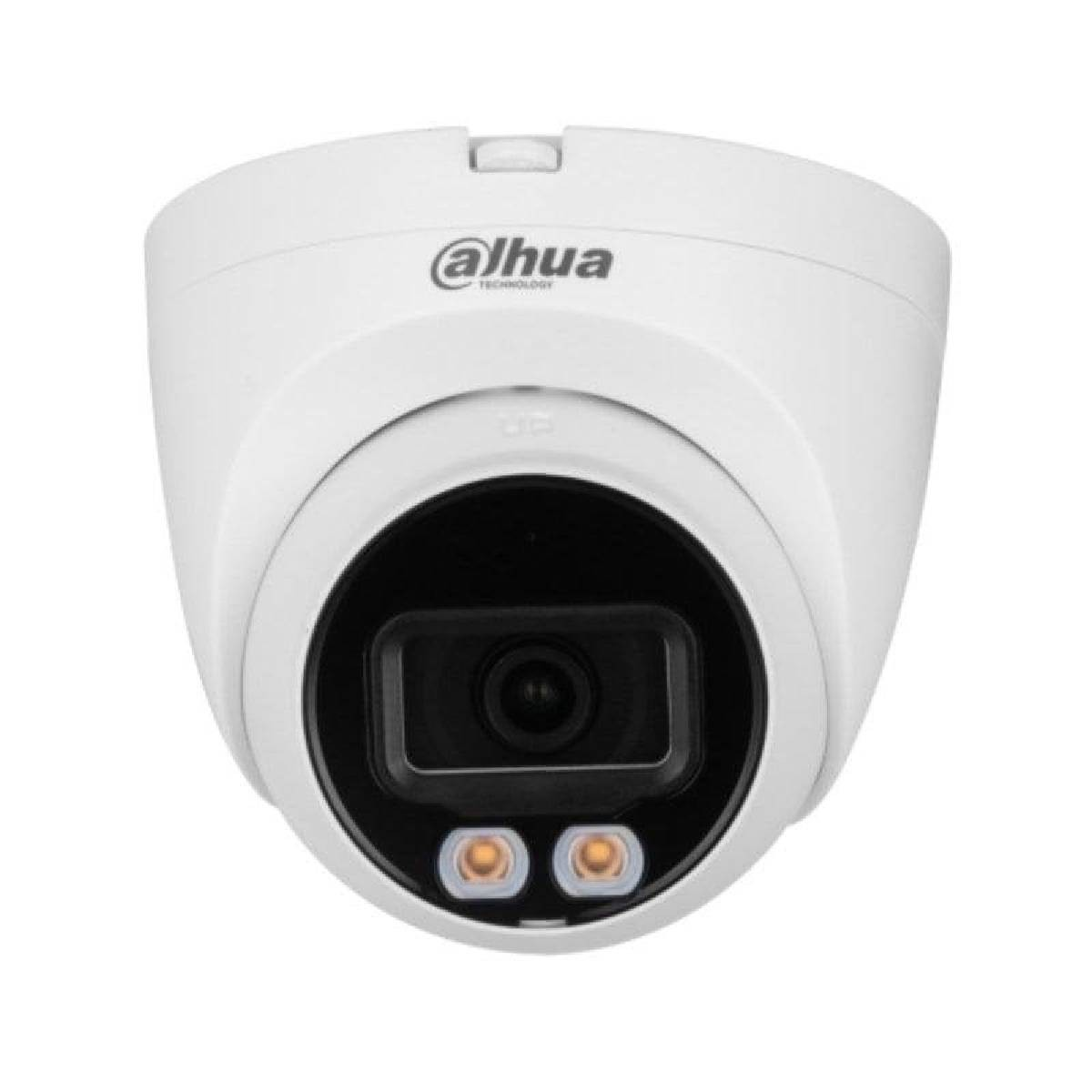 Una telecamera di sicurezza Dahua bianca con lente nera e due luci.