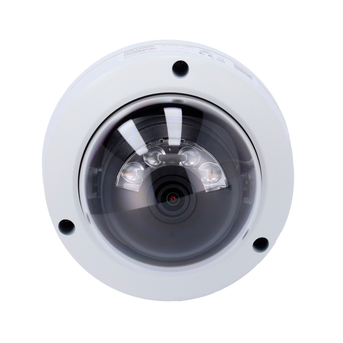 Telecamera di sicurezza bianca dome con LED a infrarossi.