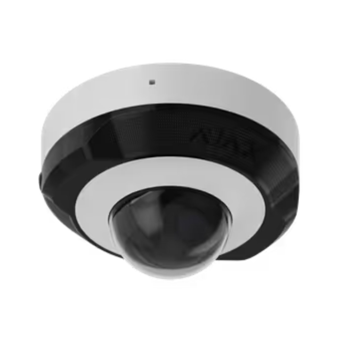 Una cámara de seguridad blanca con domo y anillos negros.
