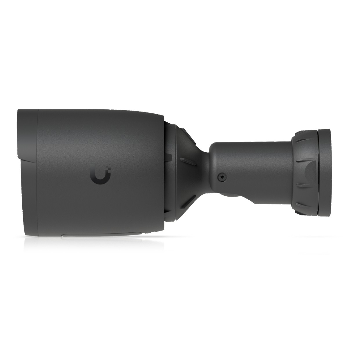 A dark surveillance camera with a curved logo on a white background.