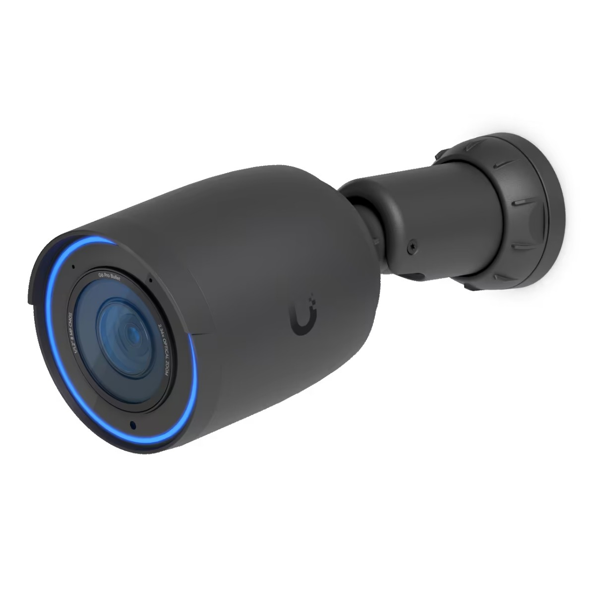 A black bullet security camera with a blue LED ring around the lens is mounted on a wall.