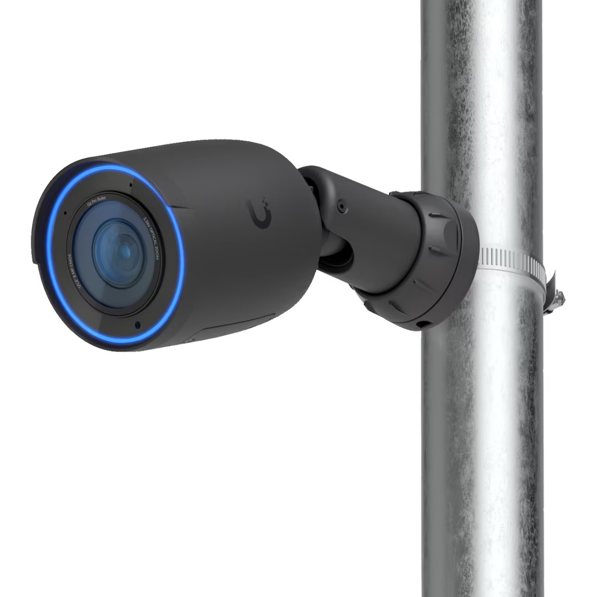 A black security camera with a blue light ring is mounted on a metal pole.