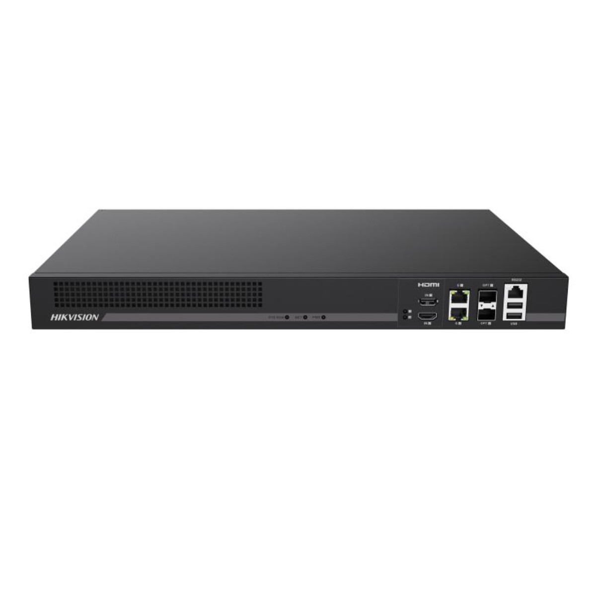 Dispositivo Hikvision nero con porte frontali: HDMI, USB, LAN.
