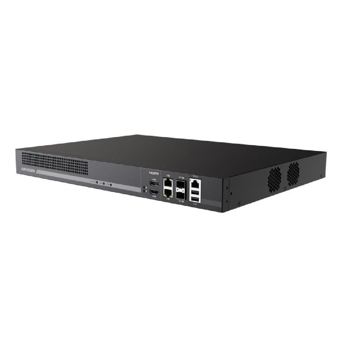 Dispositivo nero Hikvision con prese d'aria e porte HDMI e LAN.