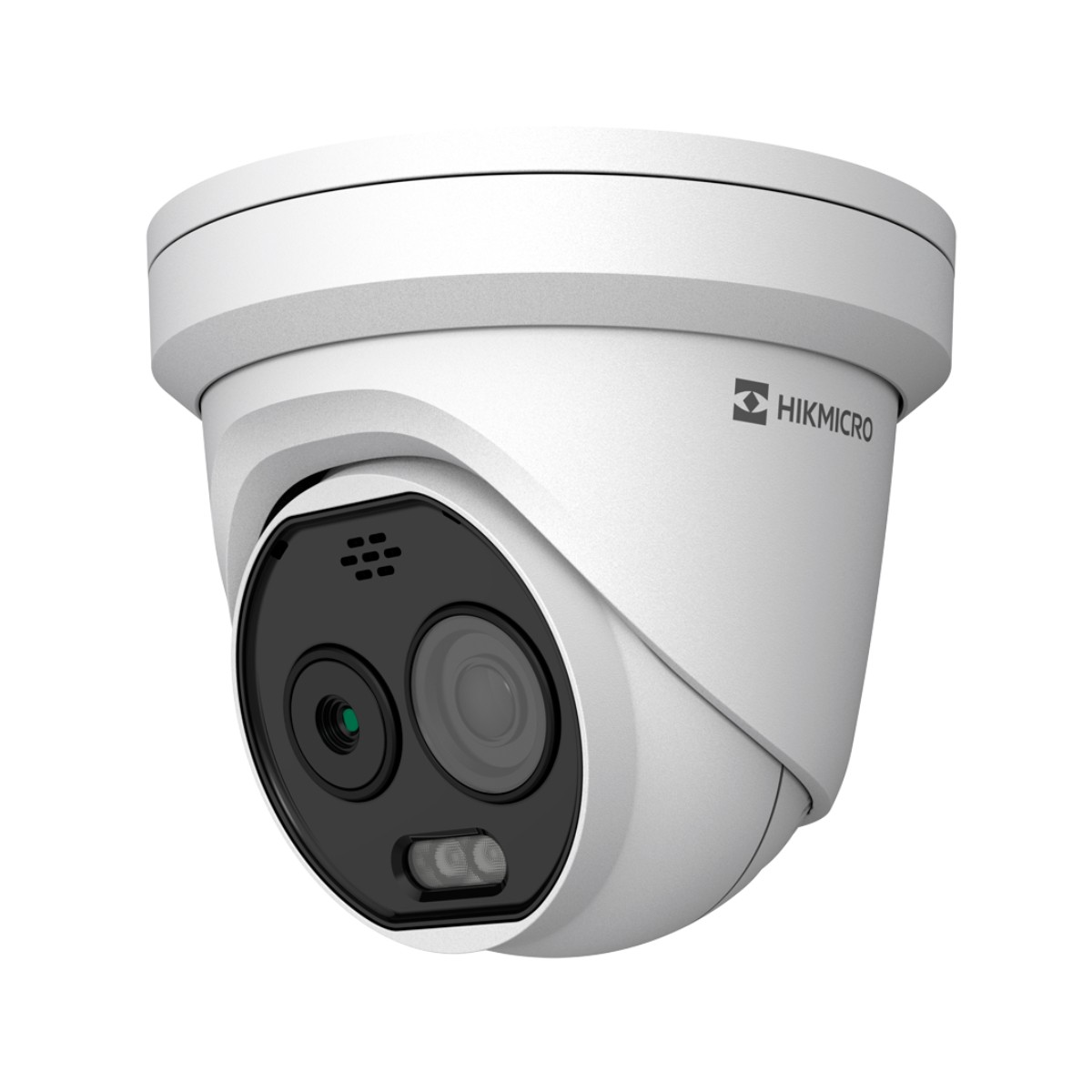 Telecamera di sorveglianza bianca con logo Hikmicro, vista frontale con lente e LED IR.