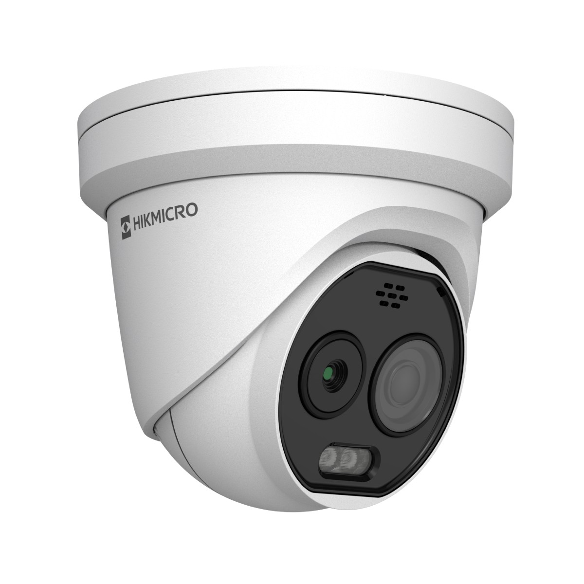 Telecamera di sorveglianza Hikmicro bianca con due lenti, altoparlante e luci LED.