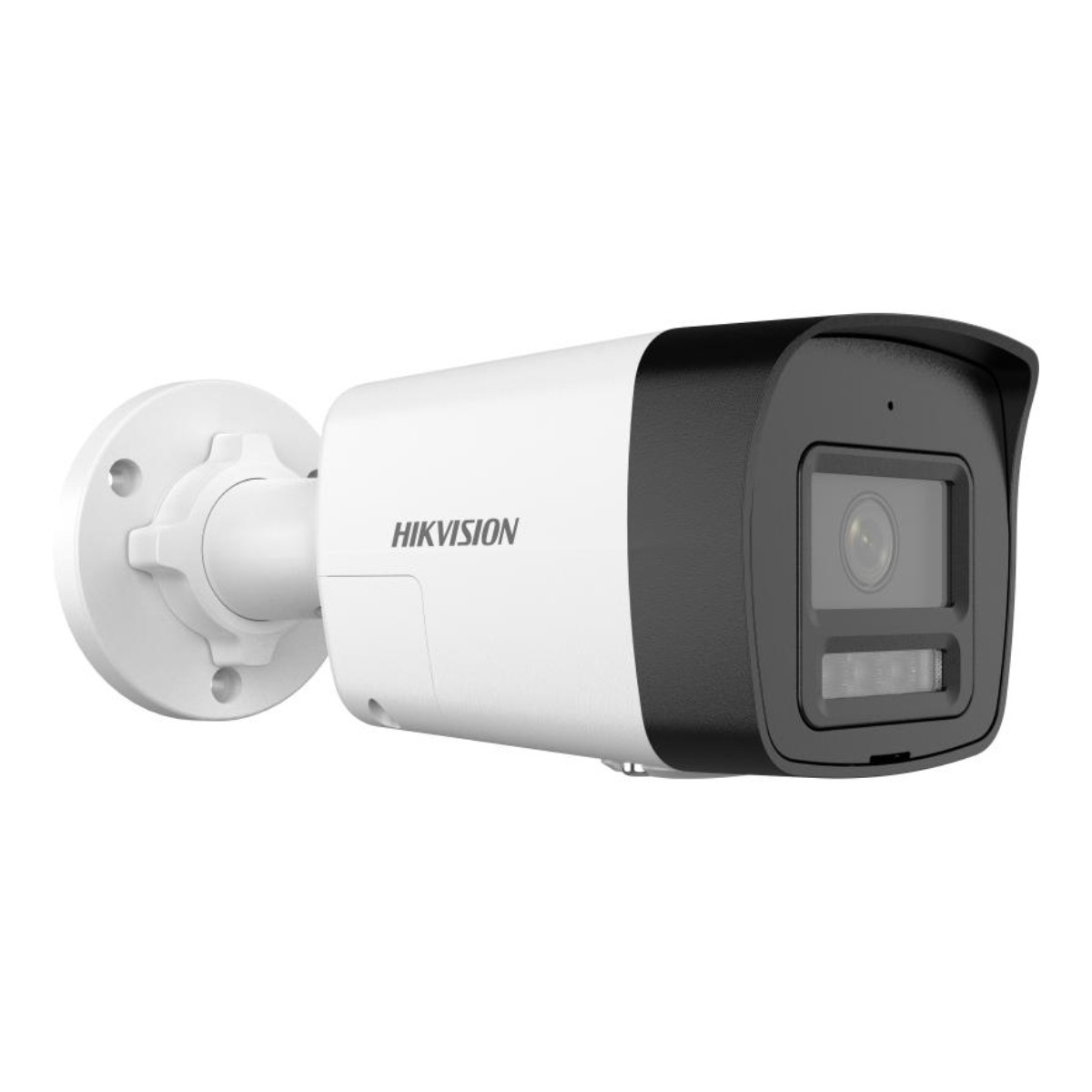 Beyaz bir Hikvision güvenlik kamerası, siyah ön ve lensli.