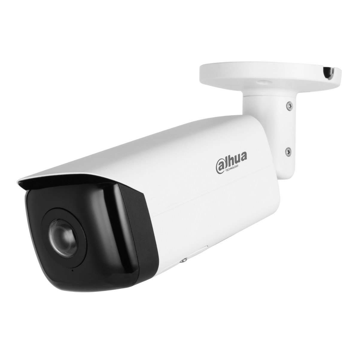 Una cámara de seguridad blanca con lente y soporte negros.
