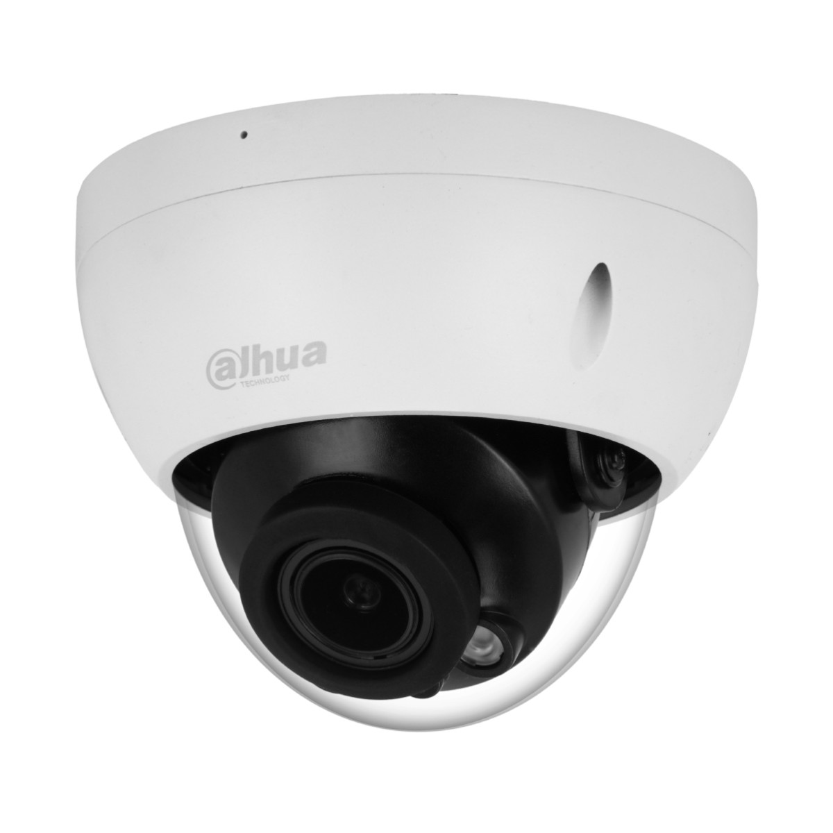 Telecamera di sicurezza bianca a cupola con lente e alloggiamento neri.