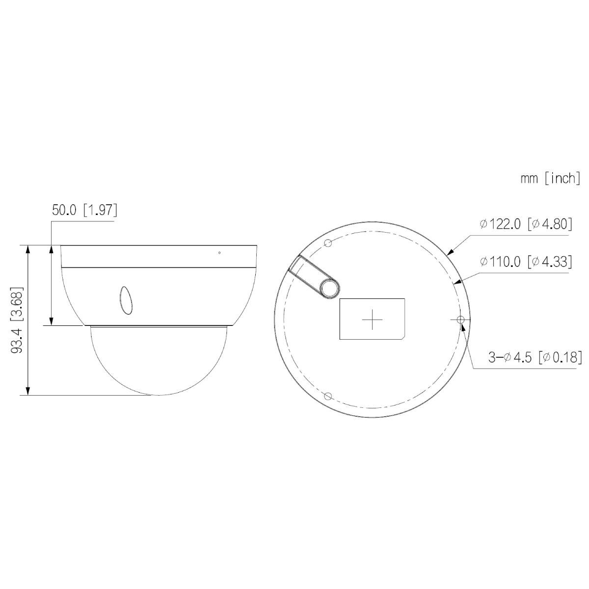 Disegno tecnico di una telecamera di sorveglianza con dimensioni in mm e pollici.