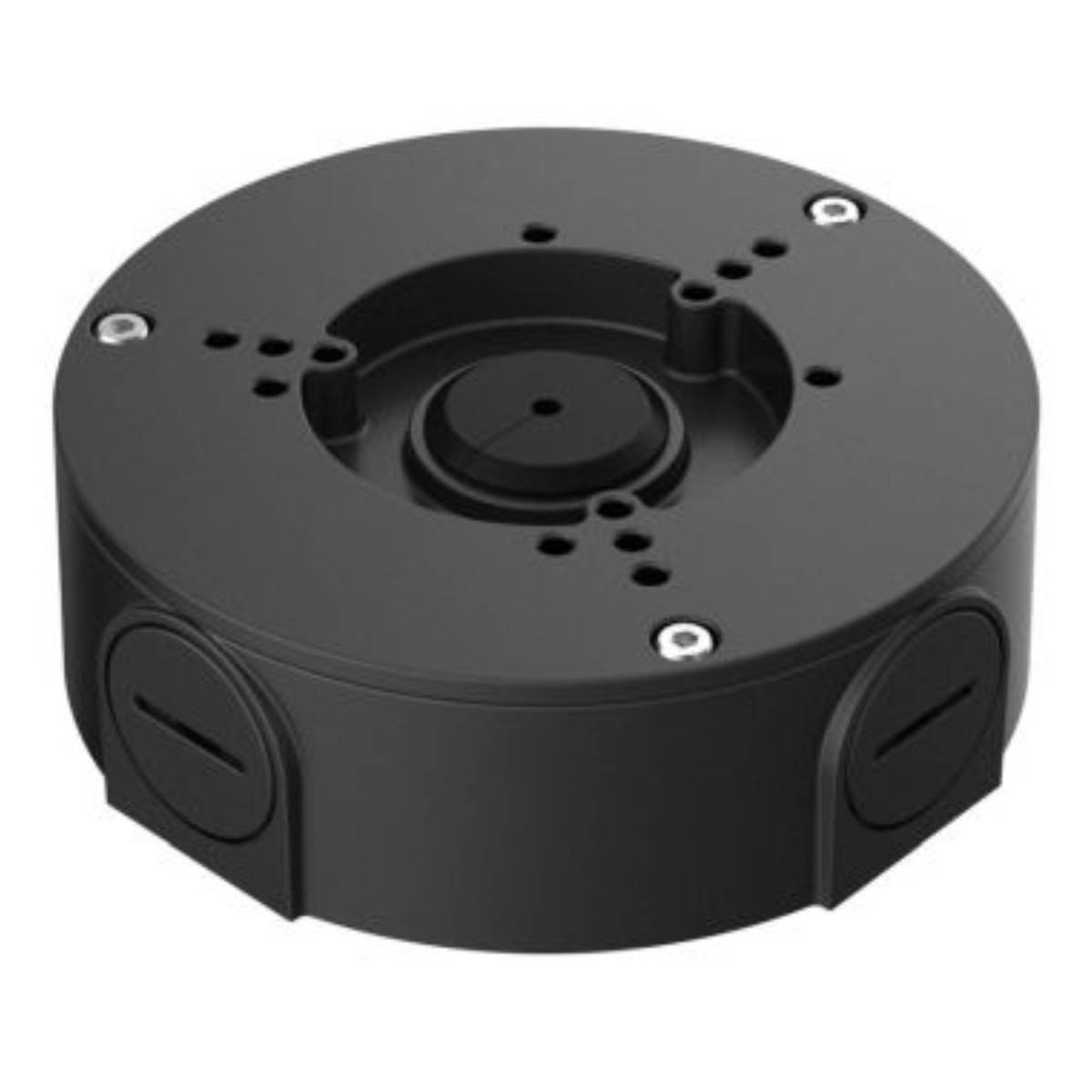 Caja de conexiones redonda negra con tornillos y puntos de entrada de cable.